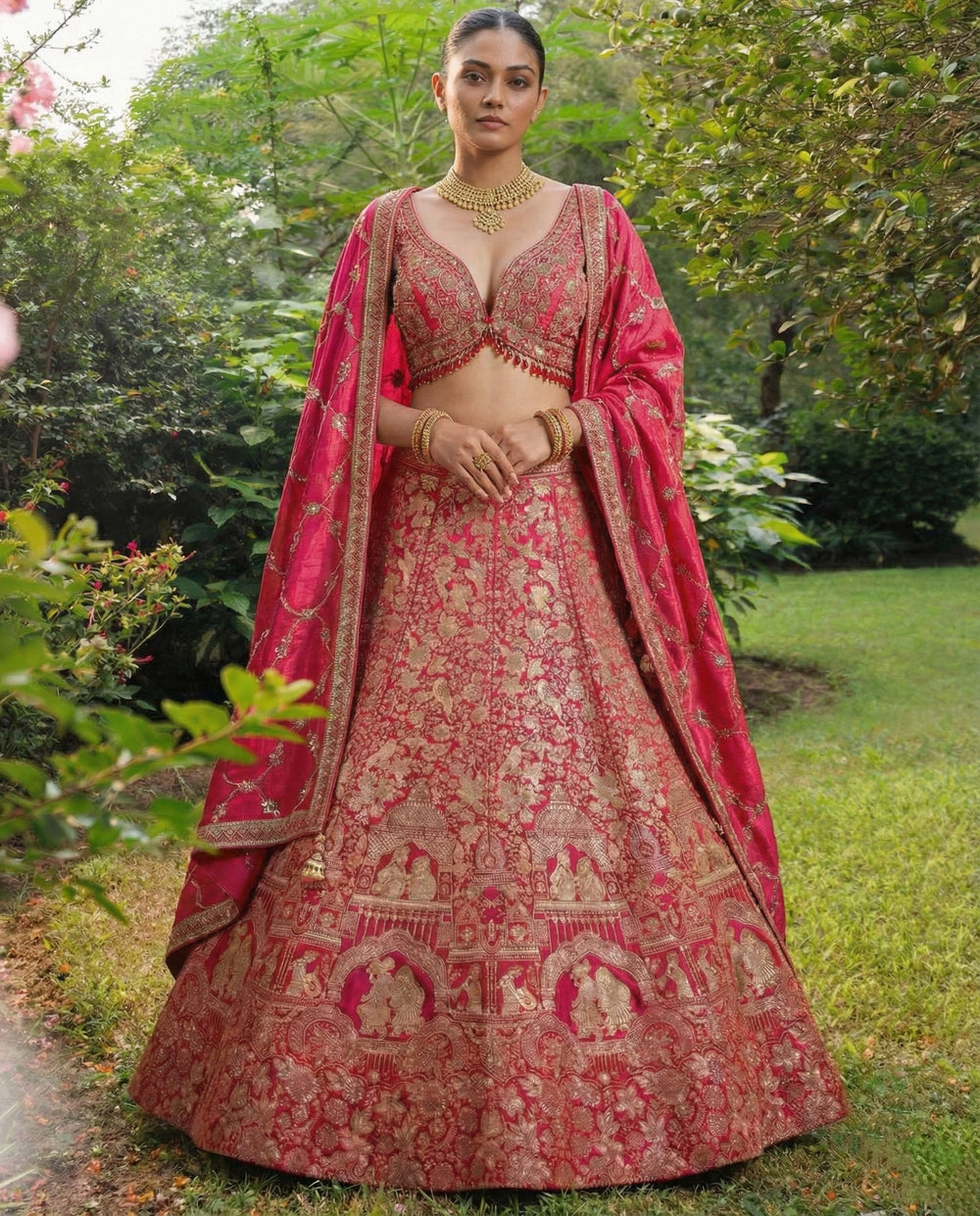 Crimson Viscose Jacquard Weaving Bridal Lehenga Choli Set