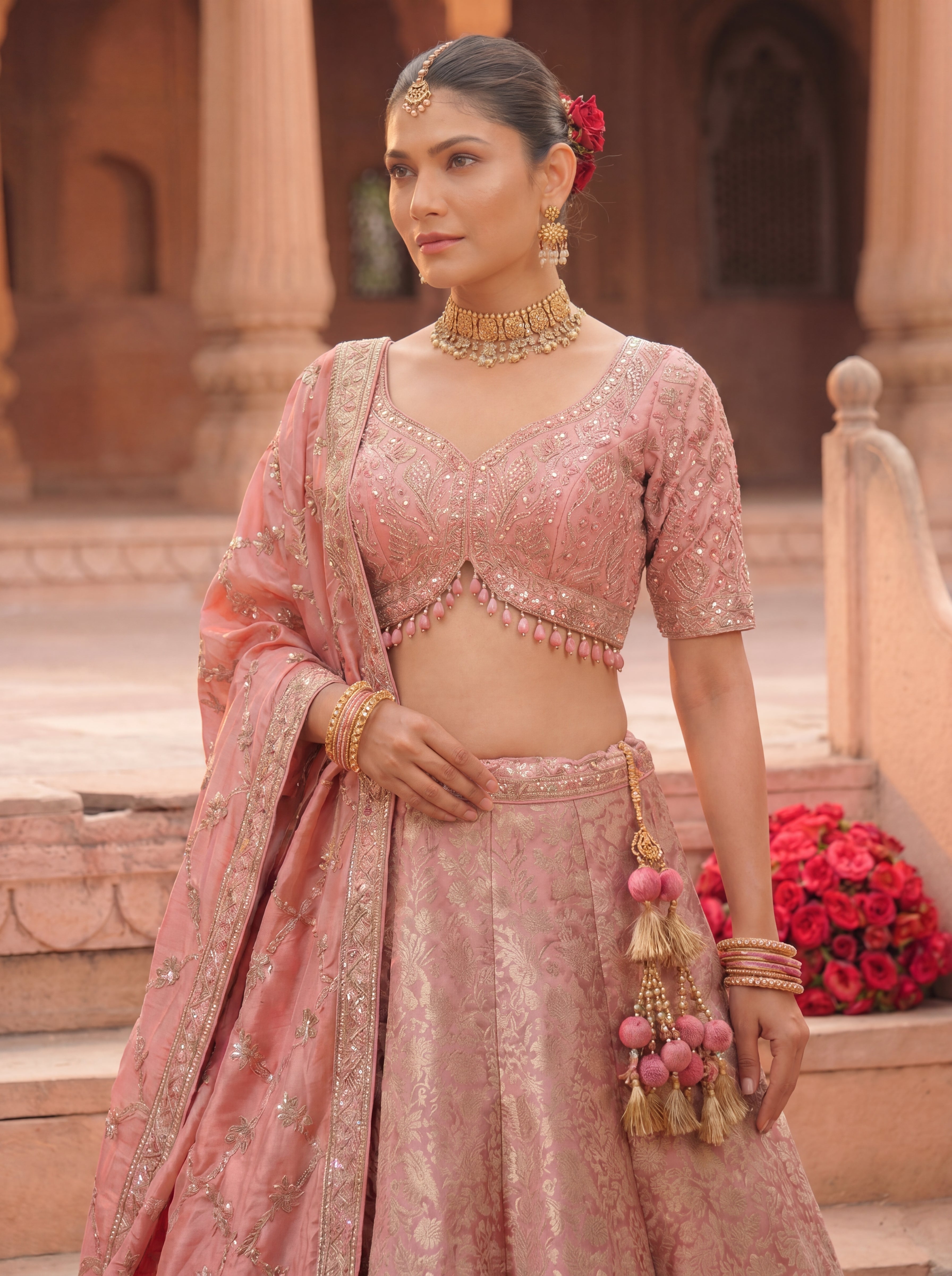 Dusty Rose Viscose Jacquard Weaving Bridal Lehenga Choli Set
