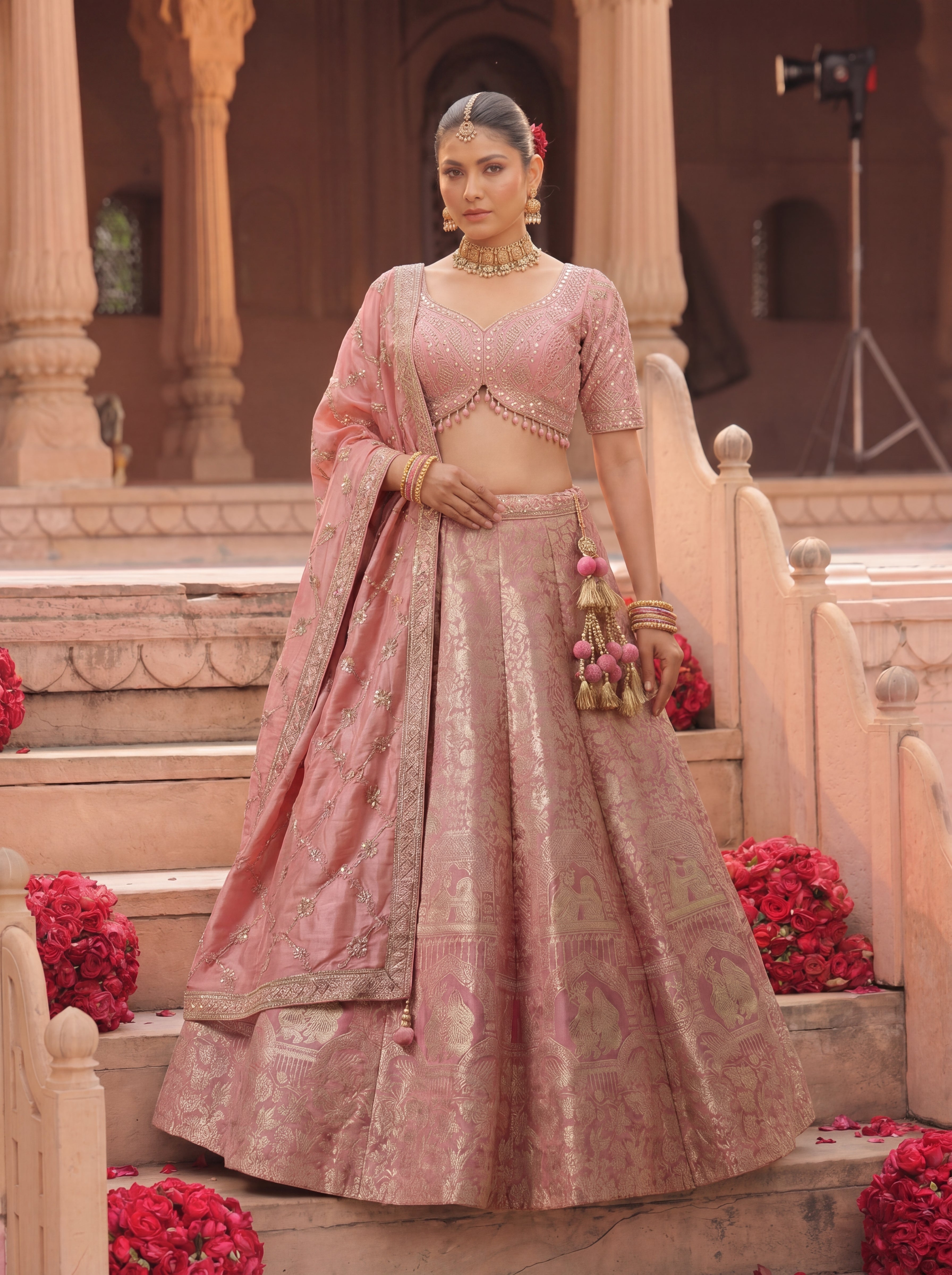 Dusty Rose Viscose Jacquard Weaving Bridal Lehenga Choli Set