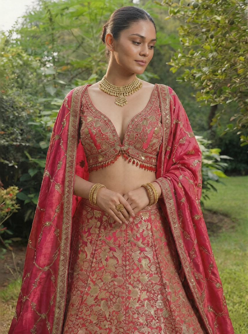 Crimson Viscose Jacquard Weaving Bridal Lehenga Choli Set