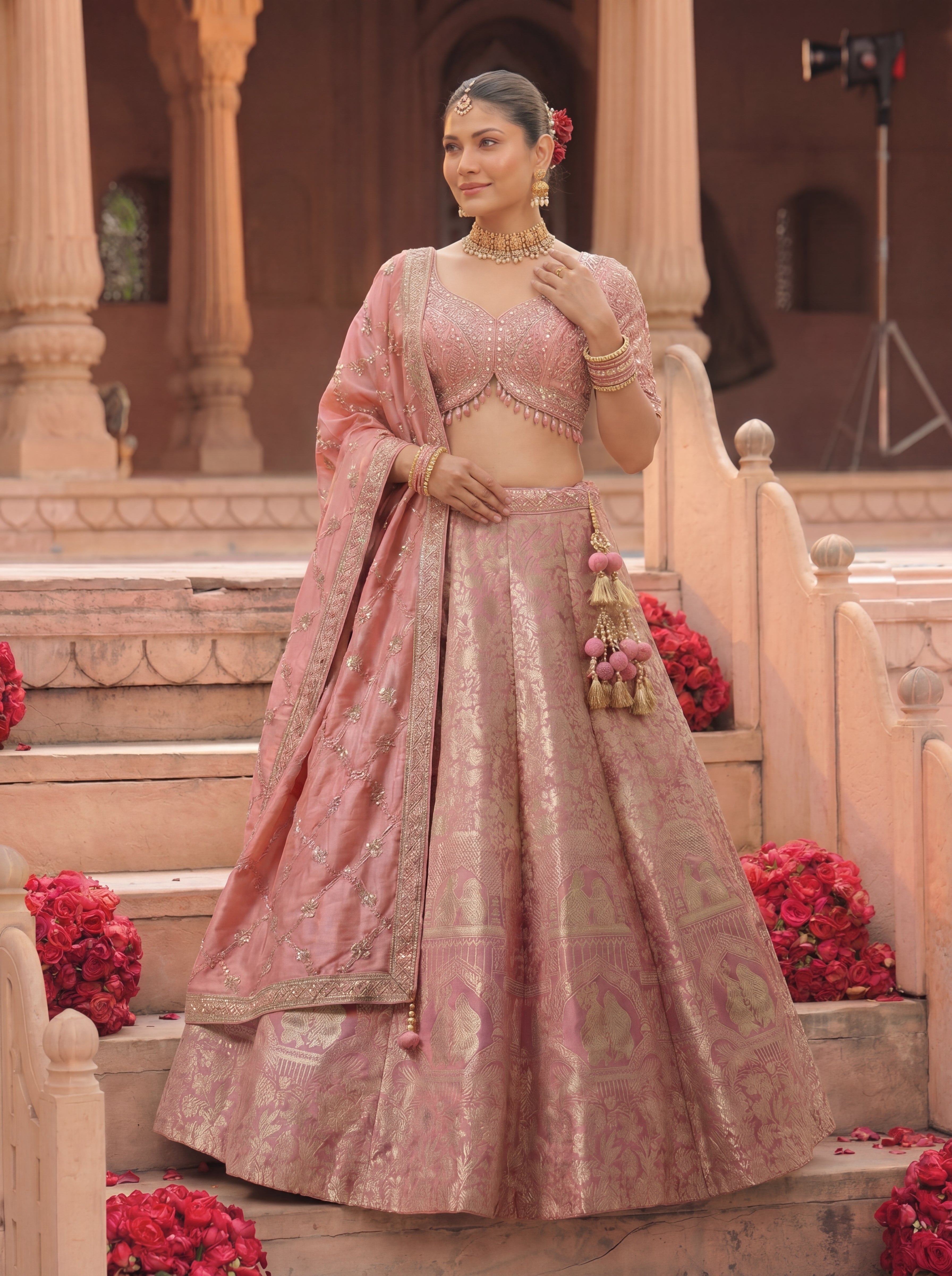 Dusty Rose Viscose Jacquard Weaving Bridal Lehenga Choli Set