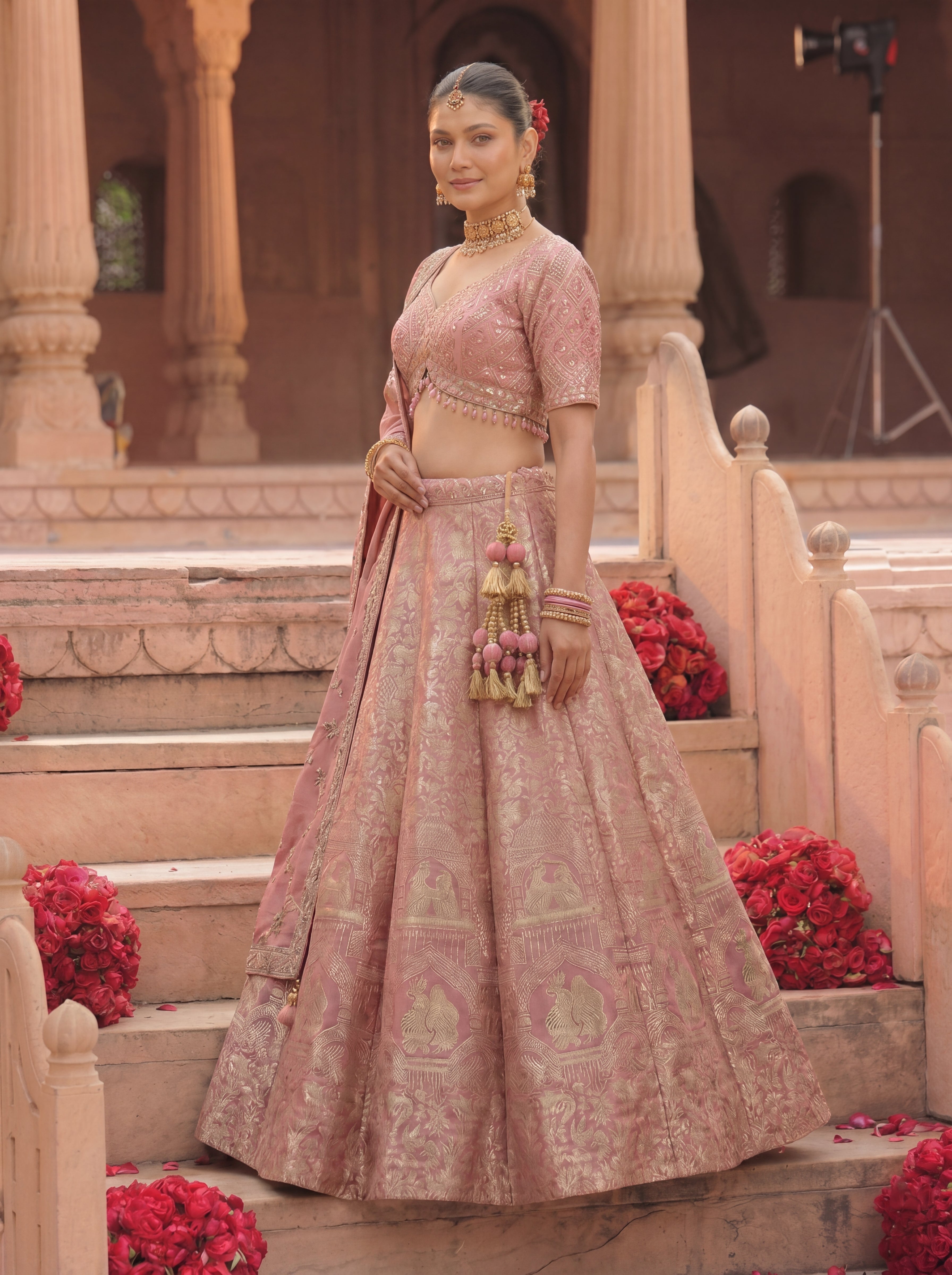 Dusty Rose Viscose Jacquard Weaving Bridal Lehenga Choli Set