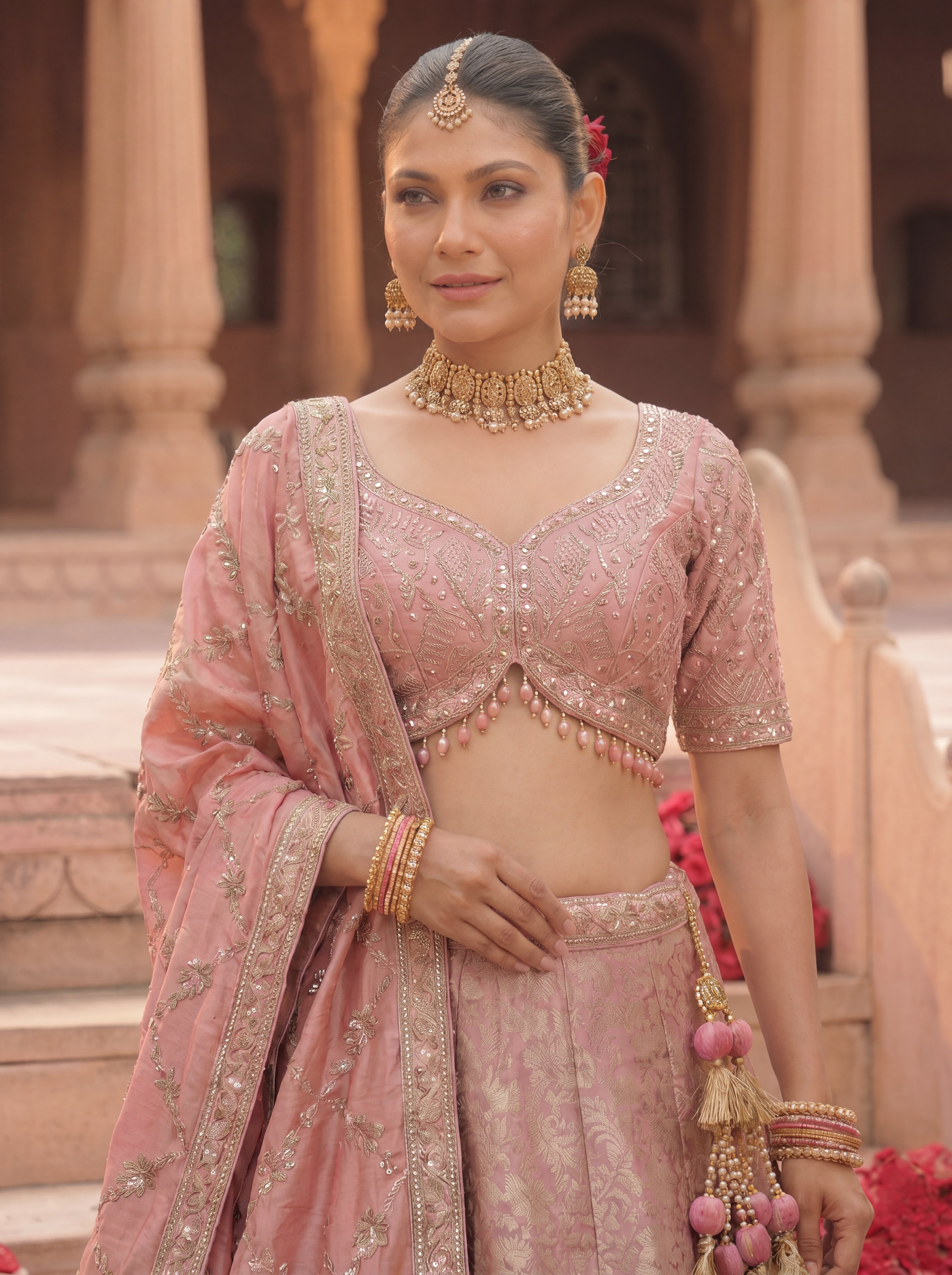 Dusty Rose Viscose Jacquard Weaving Bridal Lehenga Choli Set