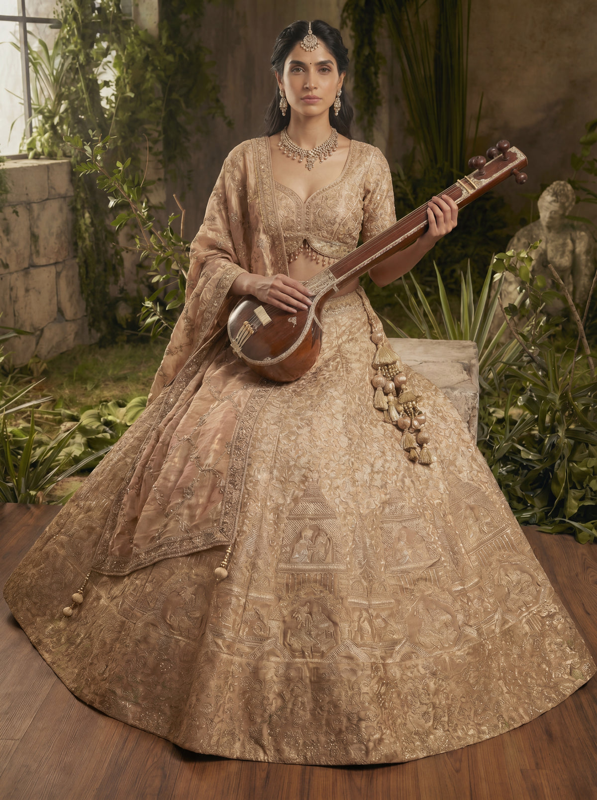 Champagne Gold Viscose Jacquard Weaving Bridal Lehenga Choli