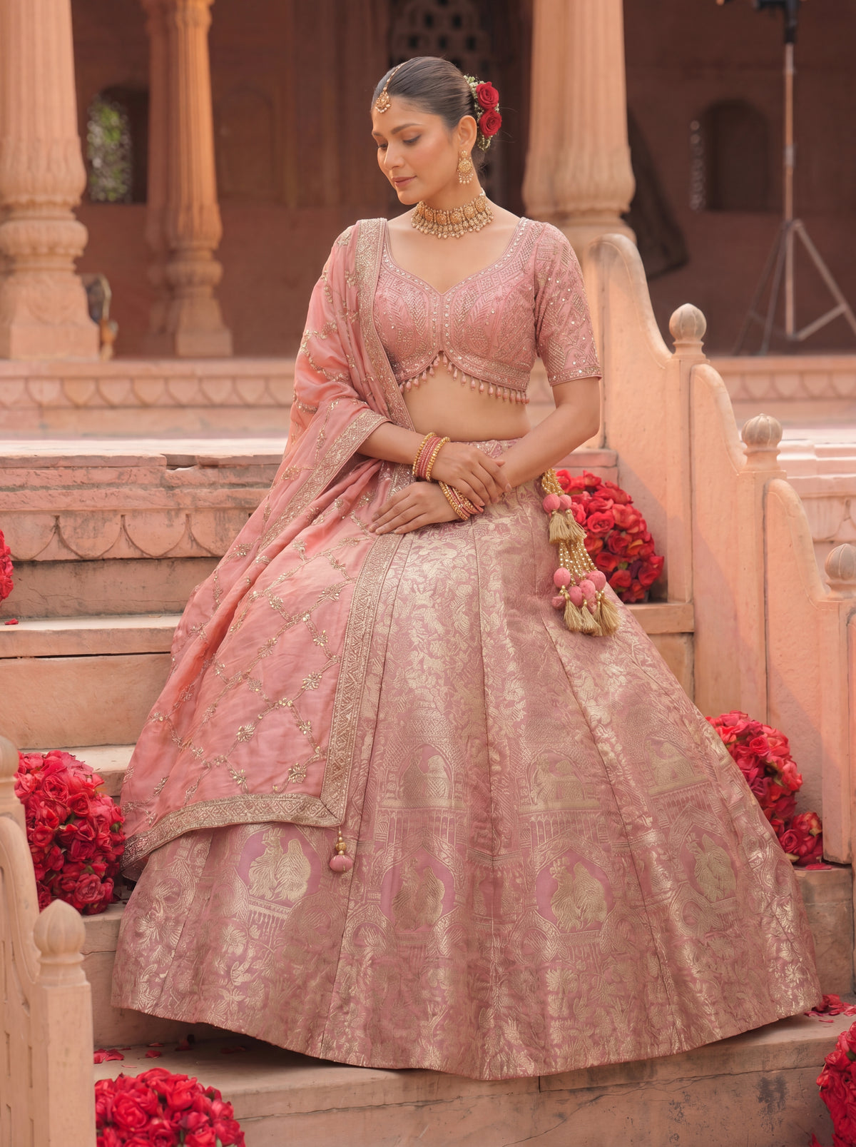 Dusty Rose Viscose Jacquard Weaving Bridal Lehenga Choli Set