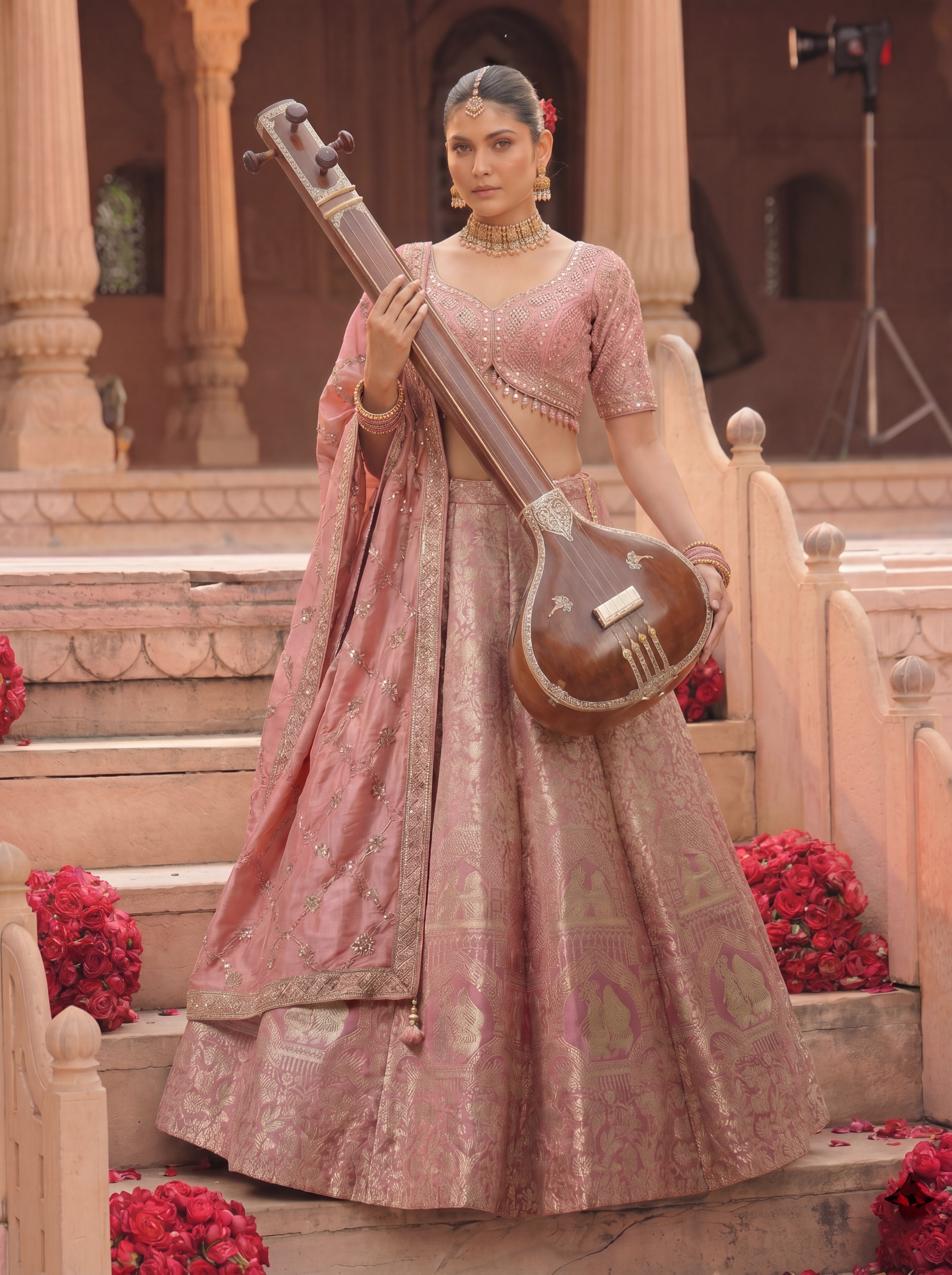 Dusty Rose Viscose Jacquard Weaving Bridal Lehenga Choli Set