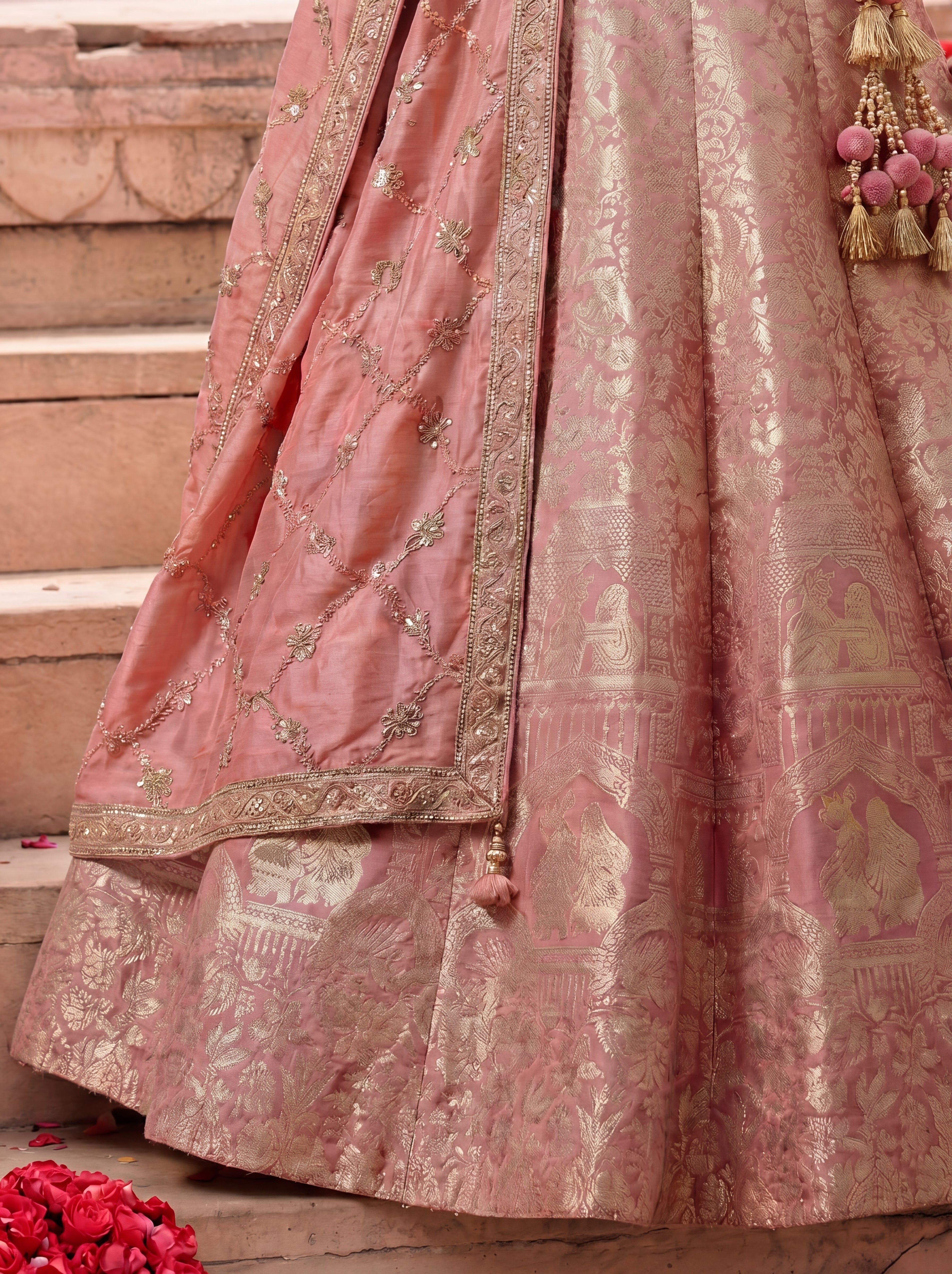 Dusty Rose Viscose Jacquard Weaving Bridal Lehenga Choli Set