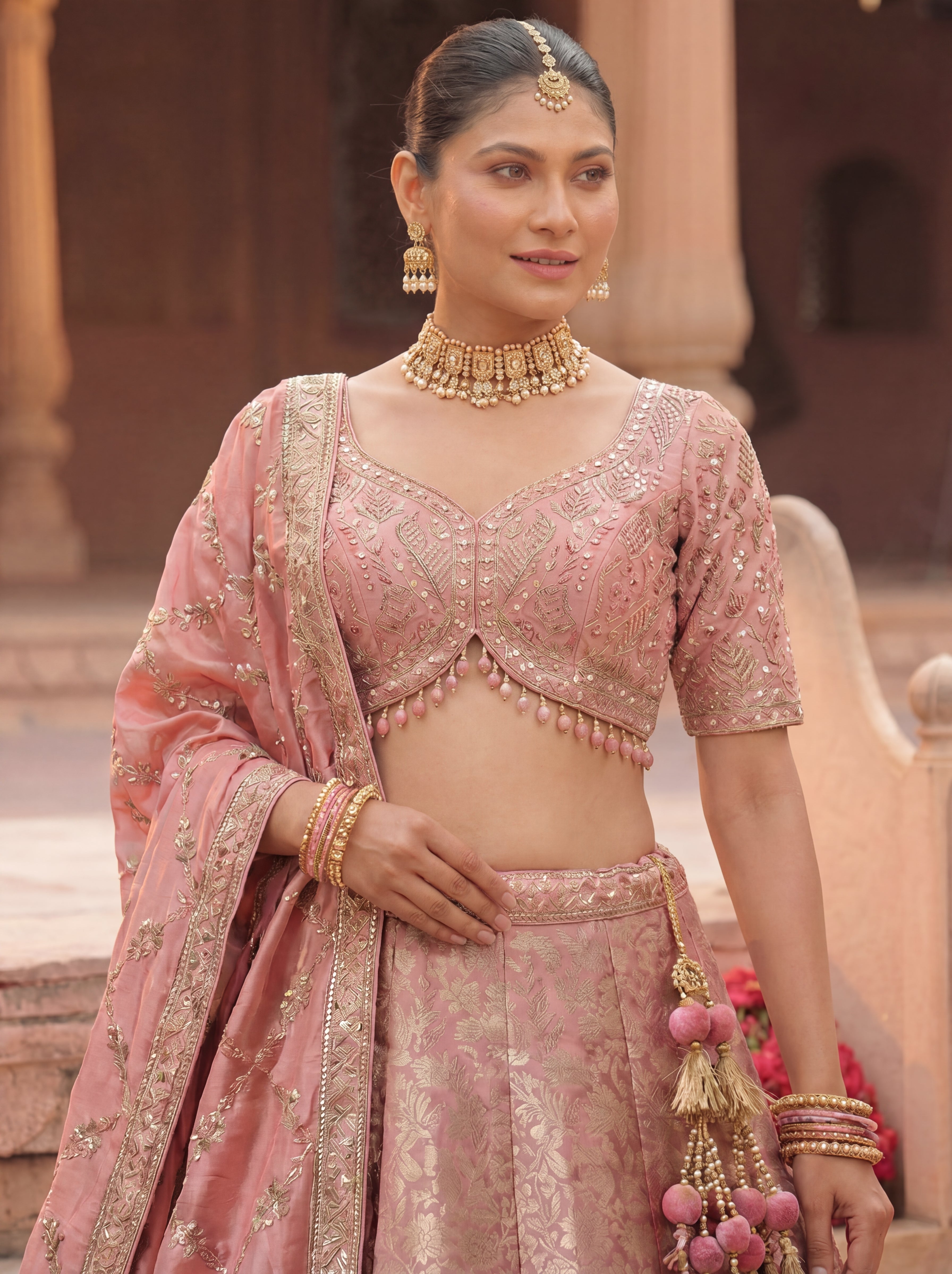 Dusty Rose Viscose Jacquard Weaving Bridal Lehenga Choli Set