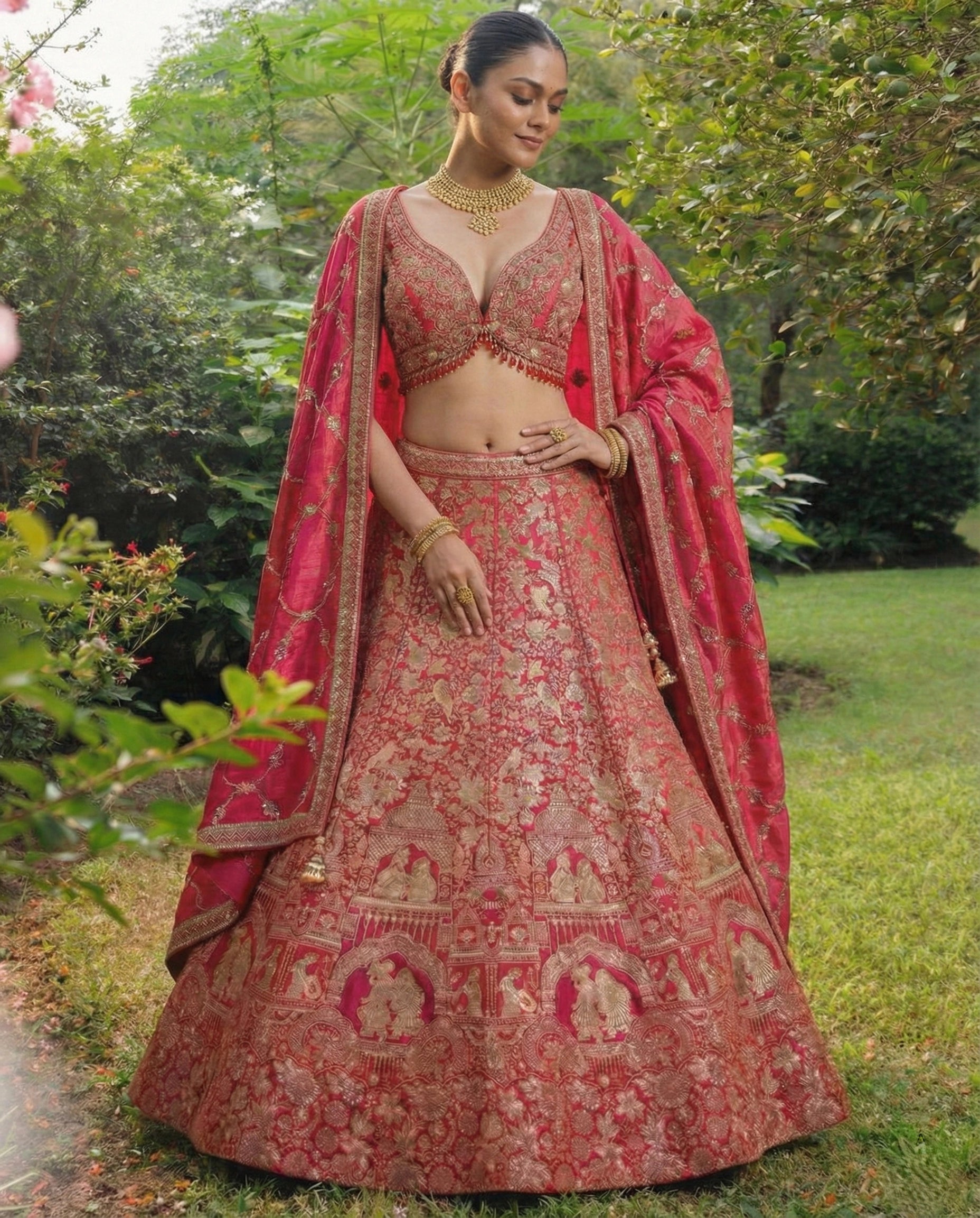 Crimson Viscose Jacquard Weaving Bridal Lehenga Choli Set