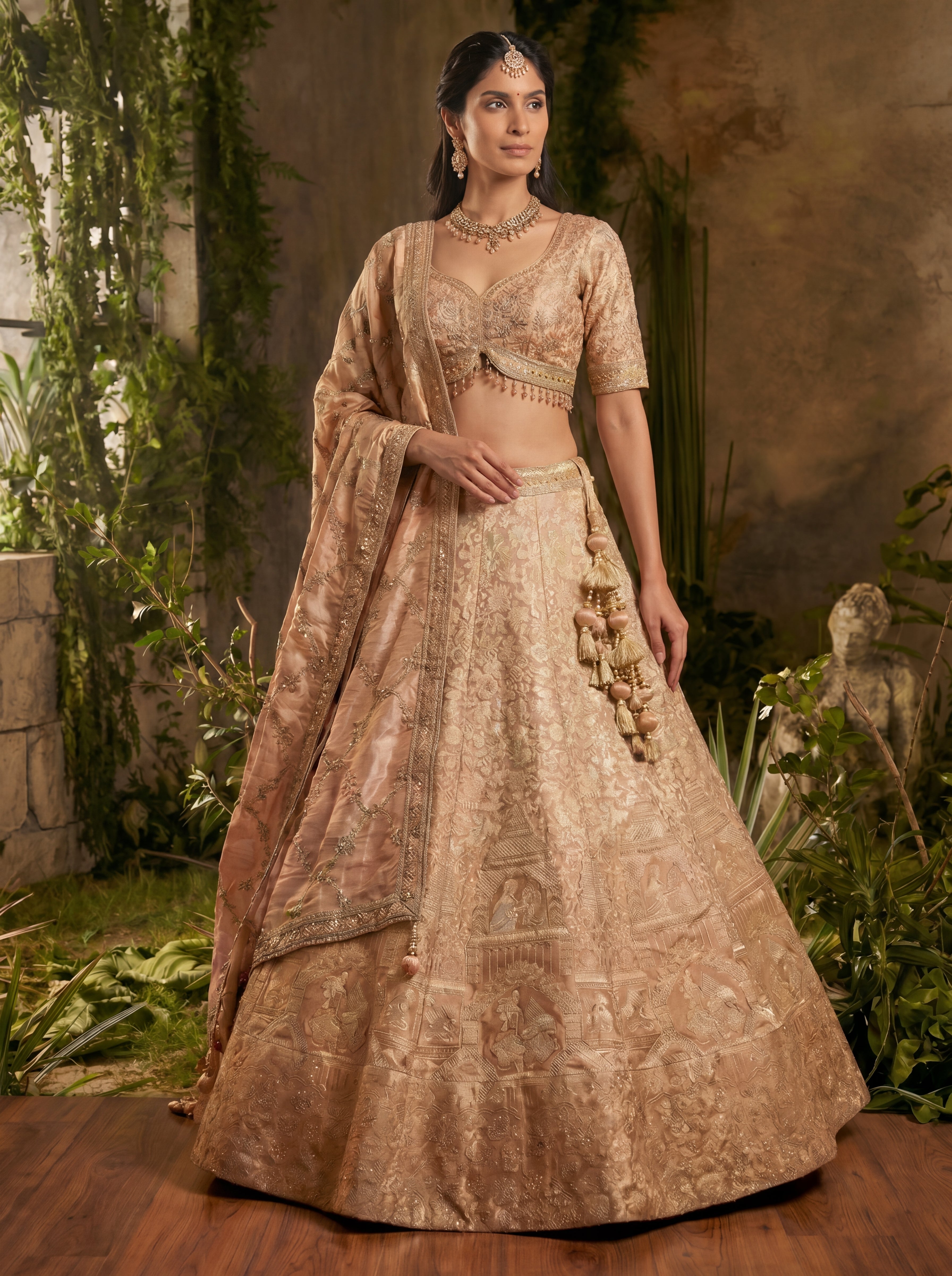 Champagne Gold Viscose Jacquard Weaving Bridal Lehenga Choli