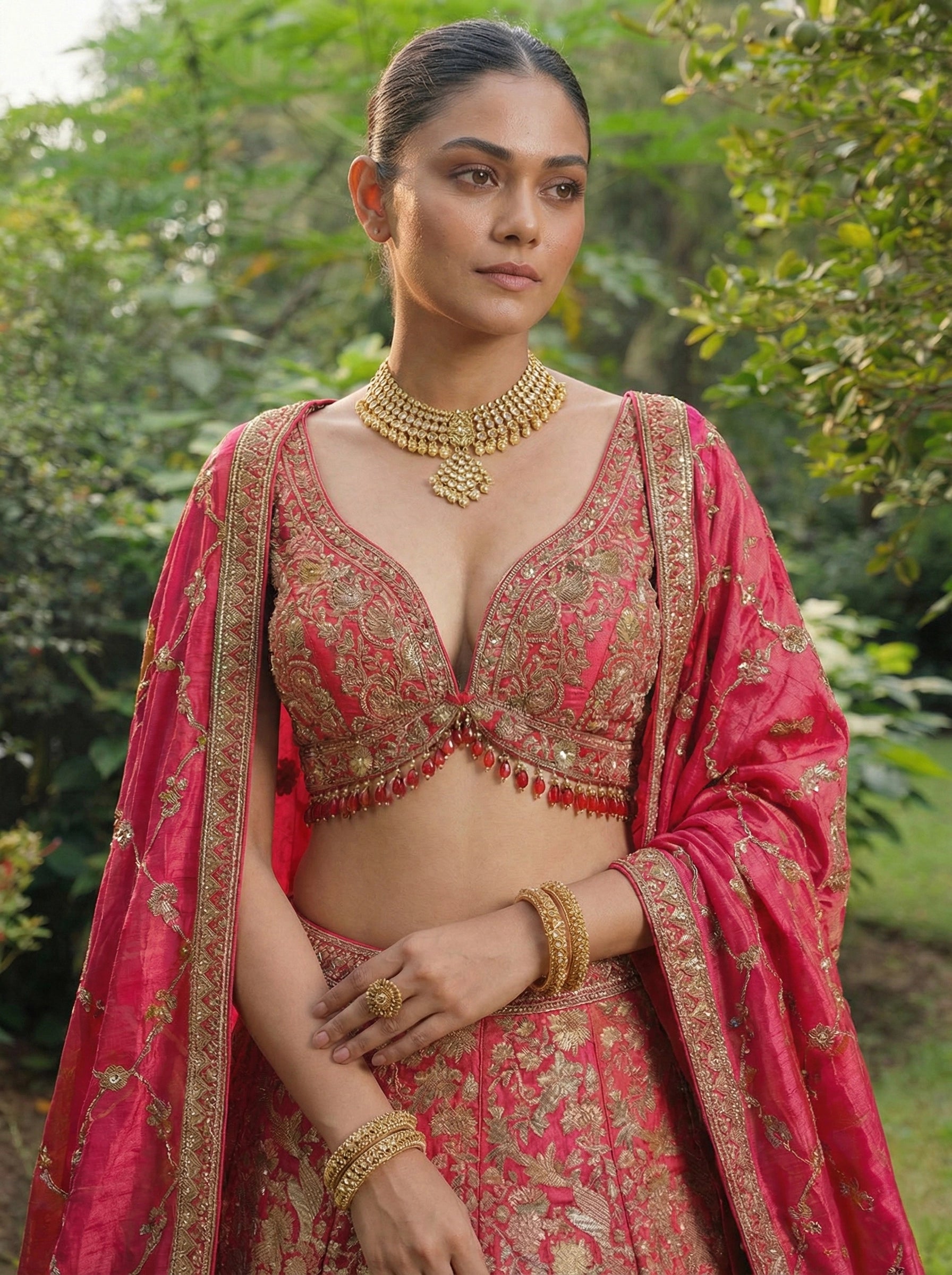 Crimson Viscose Jacquard Weaving Bridal Lehenga Choli Set
