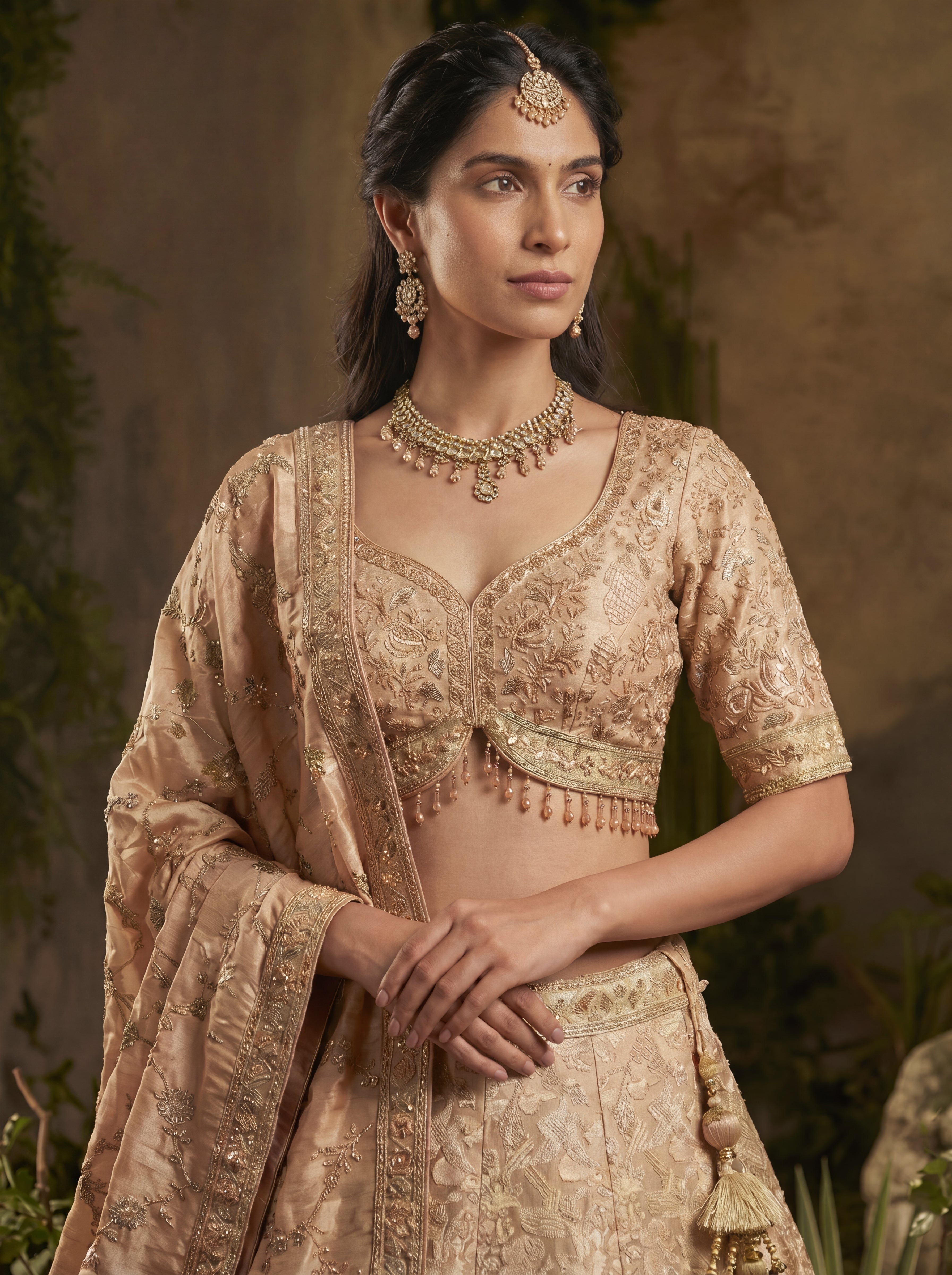 Champagne Gold Viscose Jacquard Weaving Bridal Lehenga Choli