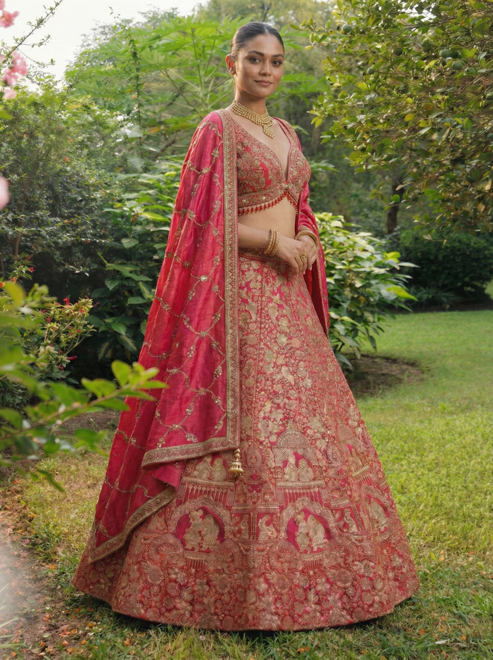 Crimson Viscose Jacquard Weaving Bridal Lehenga Choli Set