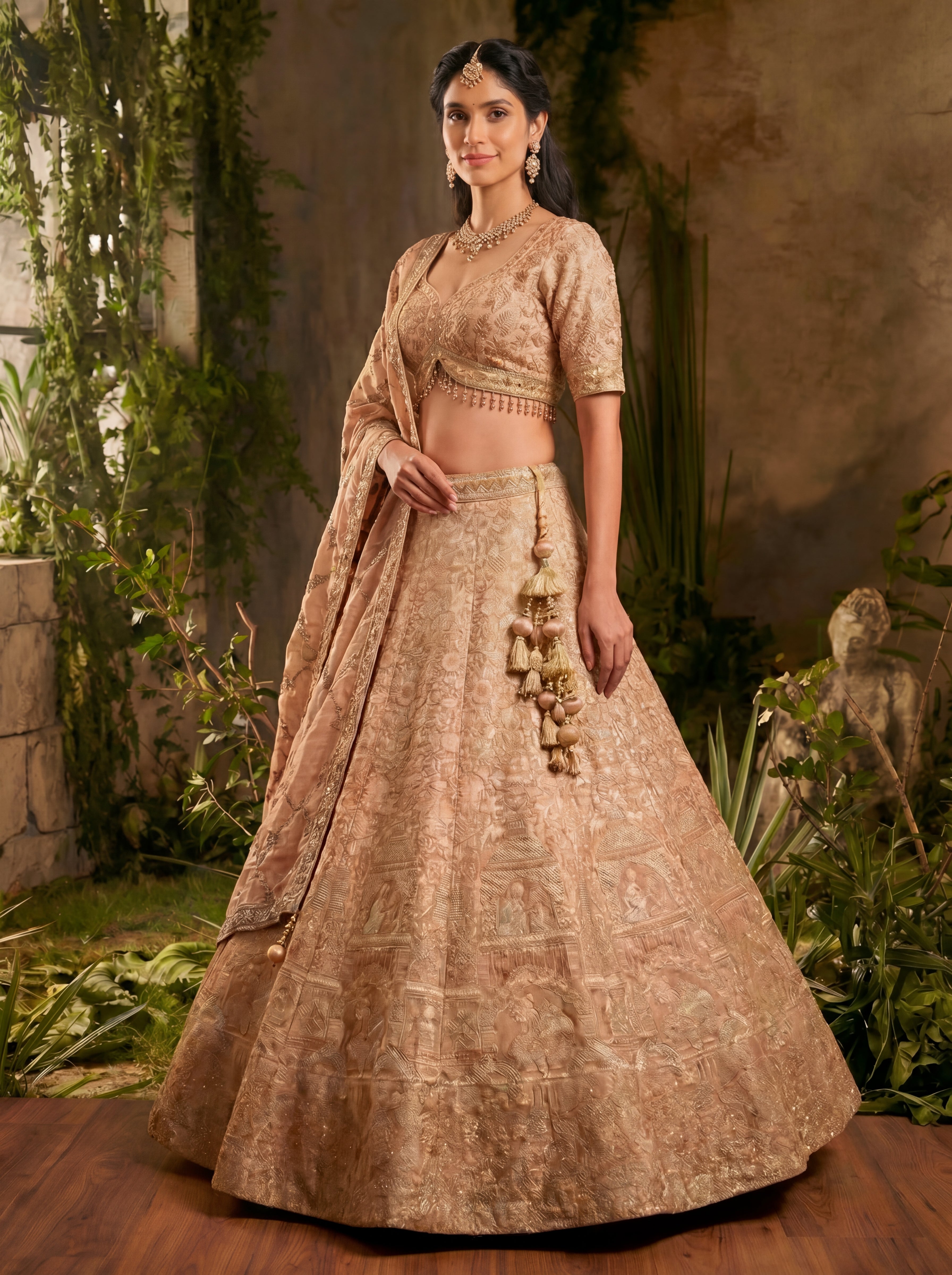Champagne Gold Viscose Jacquard Weaving Bridal Lehenga Choli
