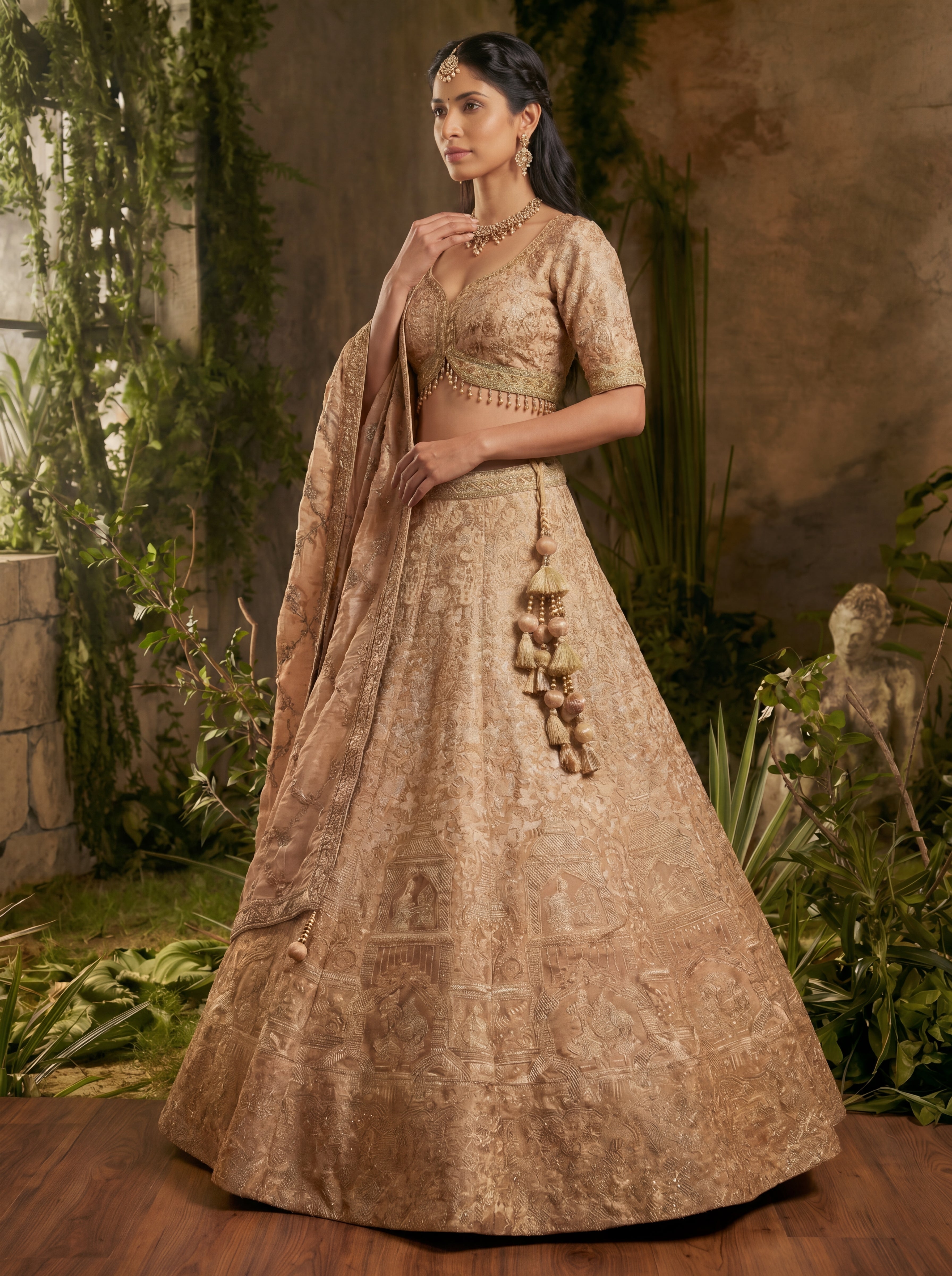Champagne Gold Viscose Jacquard Weaving Bridal Lehenga Choli
