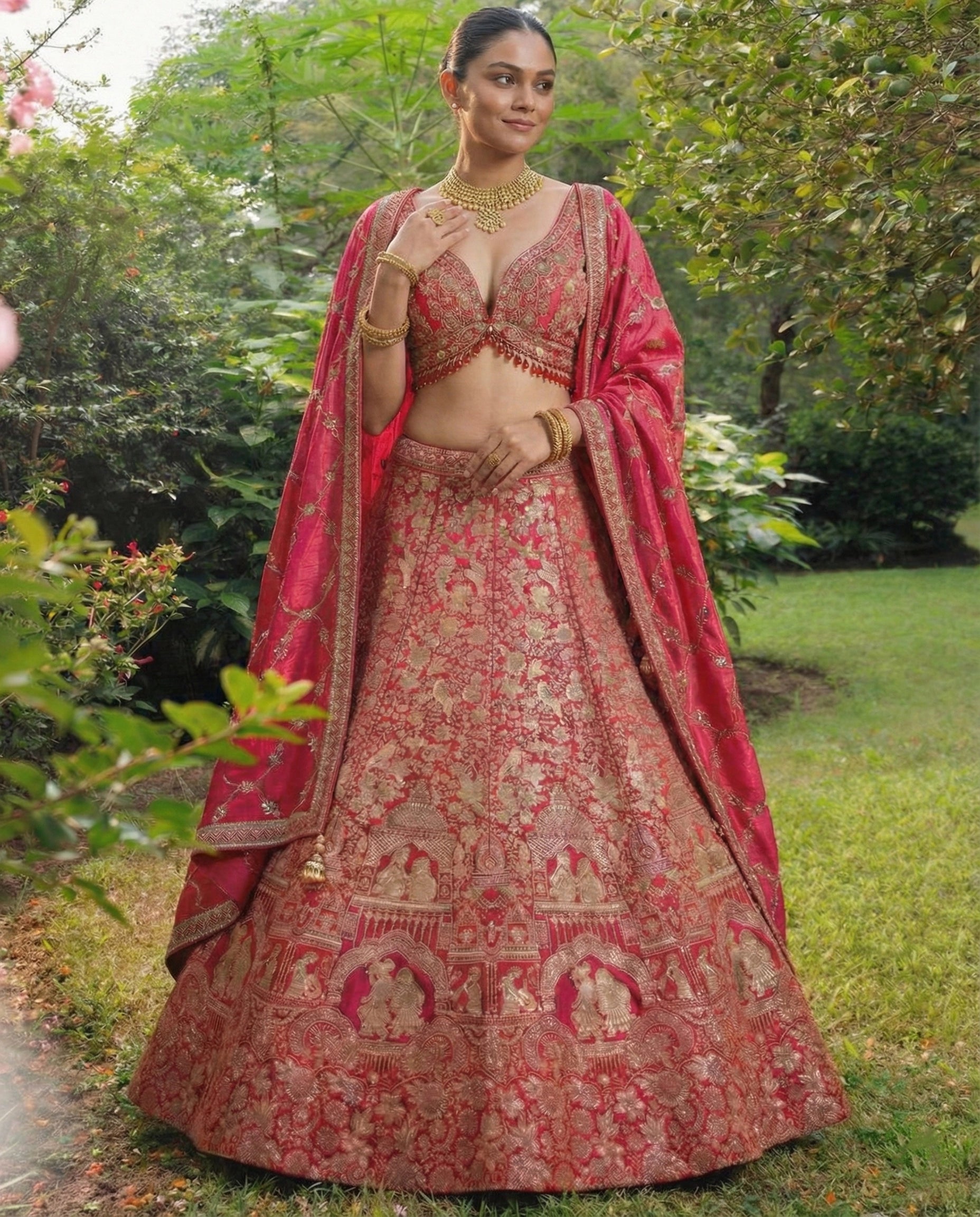 Crimson Viscose Jacquard Weaving Bridal Lehenga Choli Set