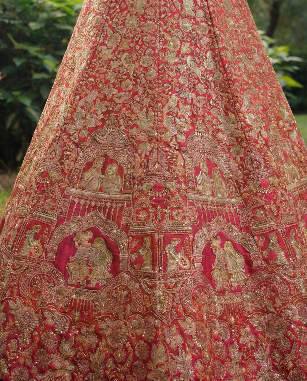 Crimson Viscose Jacquard Weaving Bridal Lehenga Choli Set
