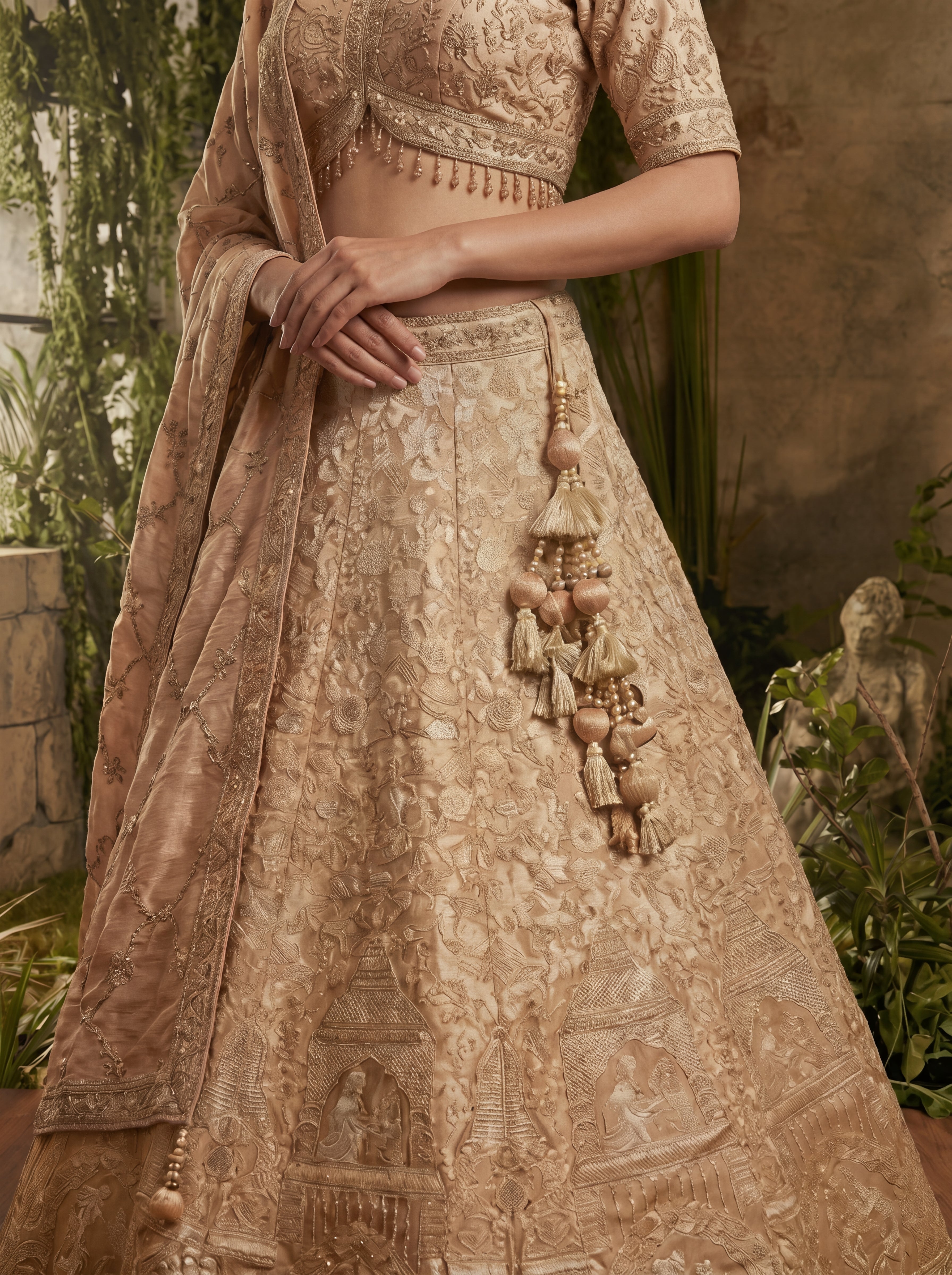 Champagne Gold Viscose Jacquard Weaving Bridal Lehenga Choli