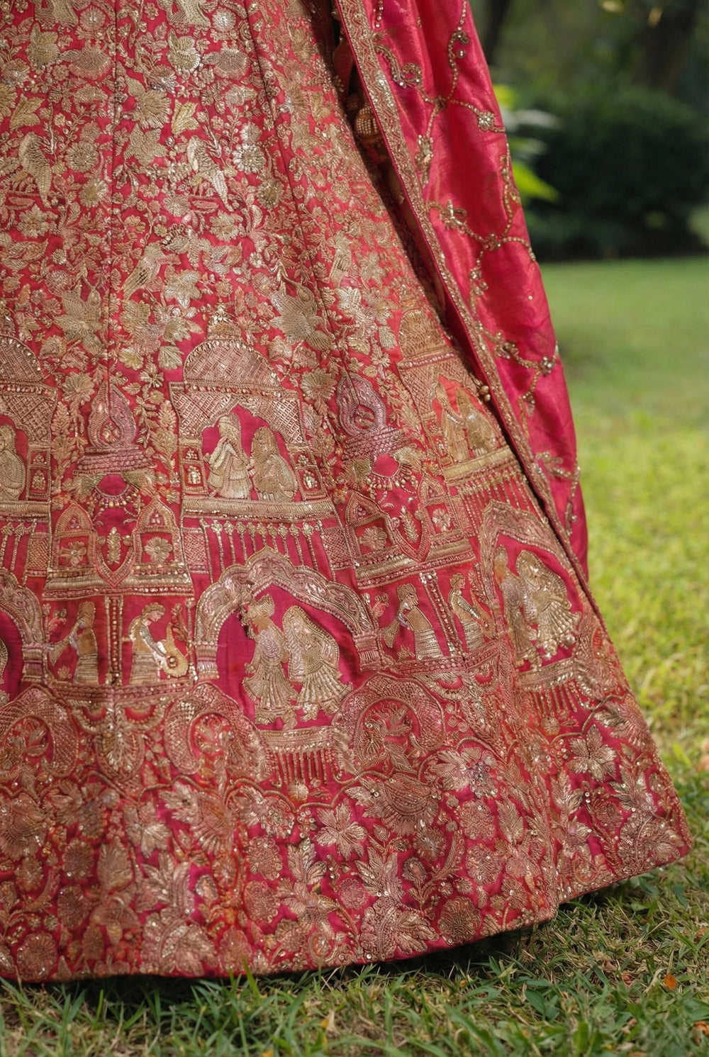 Crimson Viscose Jacquard Weaving Bridal Lehenga Choli Set