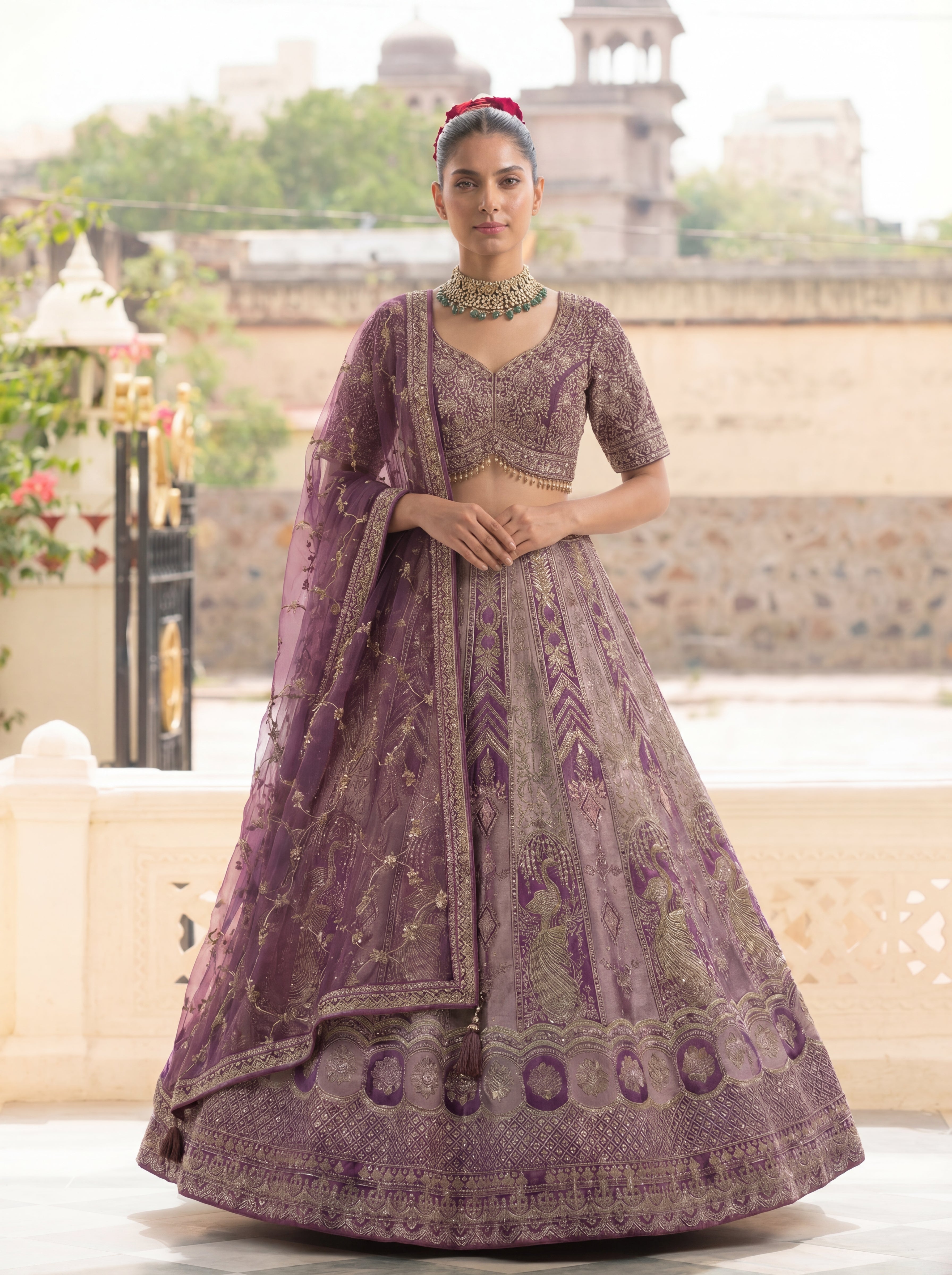 Mauve Purple Viscose Zardozi Bridal Lehenga Choli Set