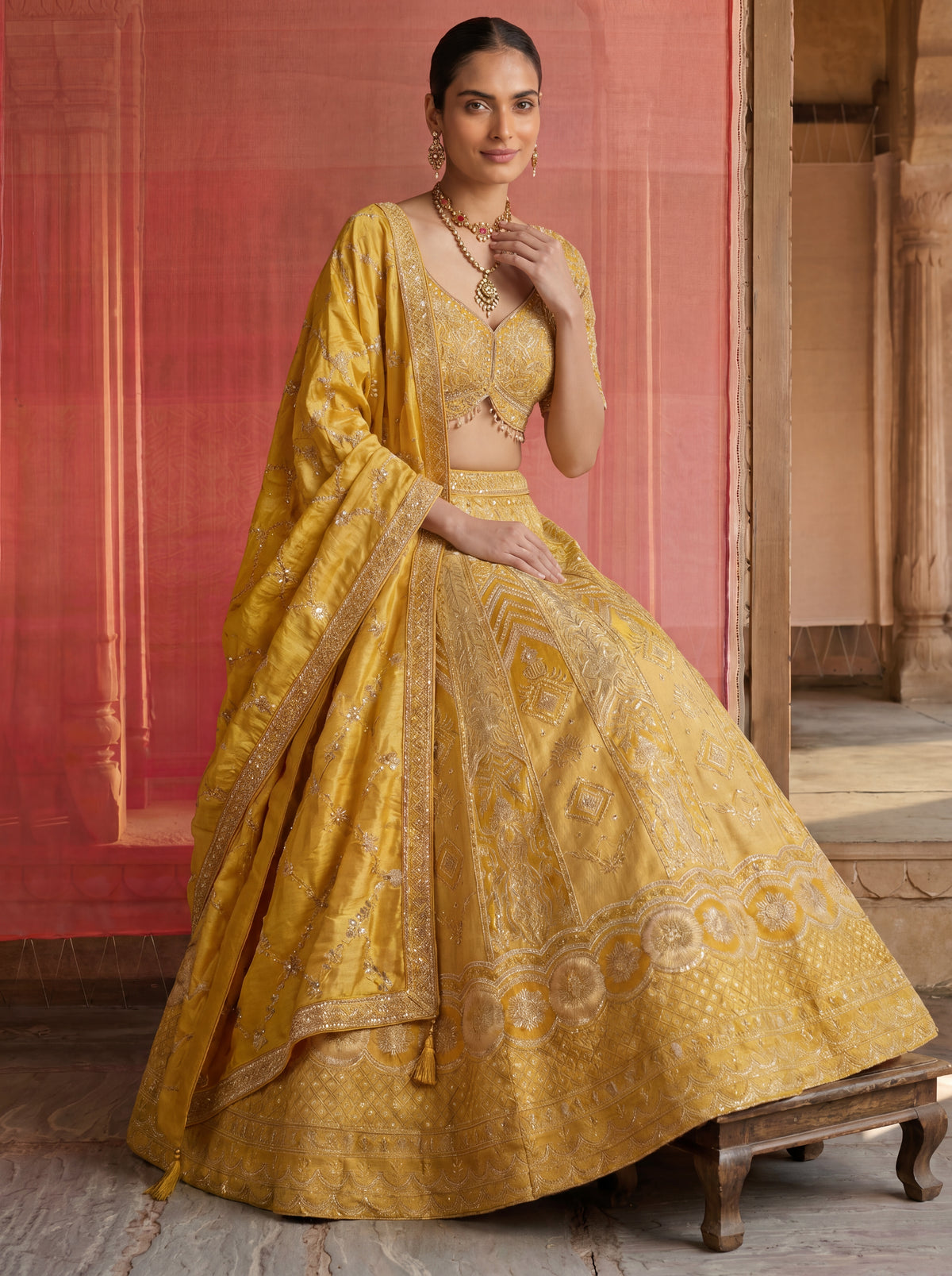 Yellow Viscose Jacquard Weaving Bridal Lehenga Choli Set