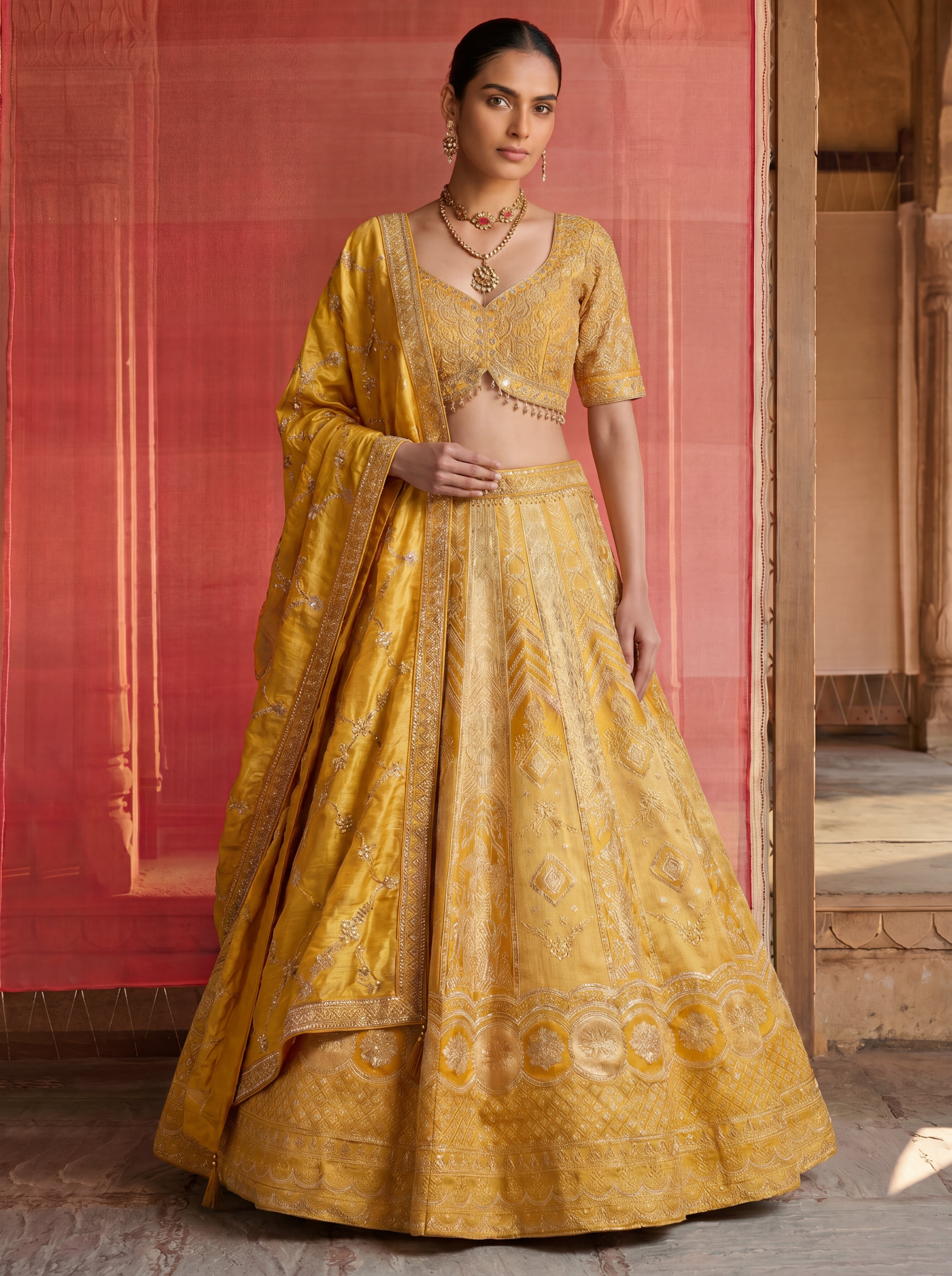 Yellow Viscose Jacquard Weaving Bridal Lehenga Choli Set