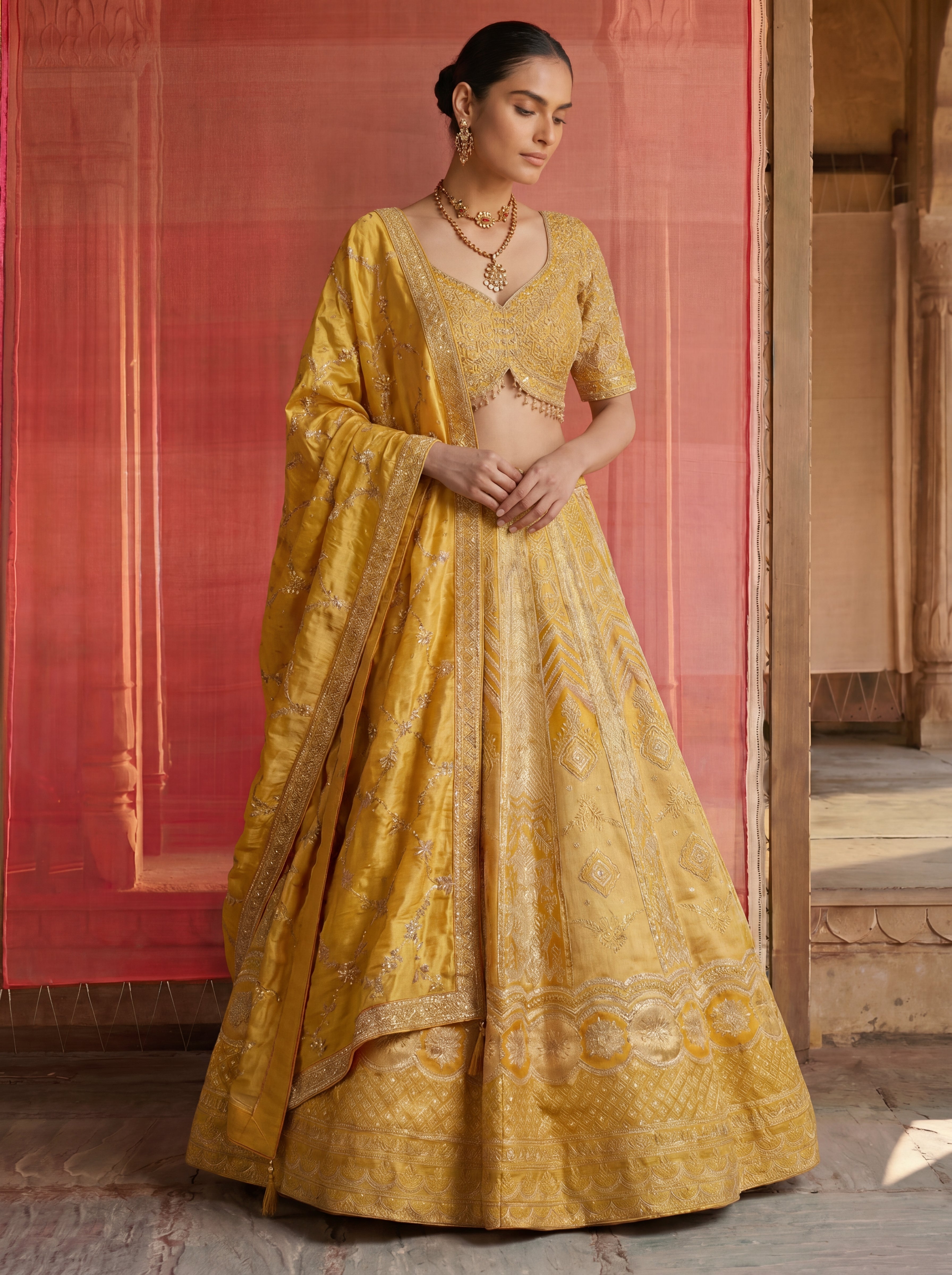 Yellow Viscose Jacquard Weaving Bridal Lehenga Choli Set