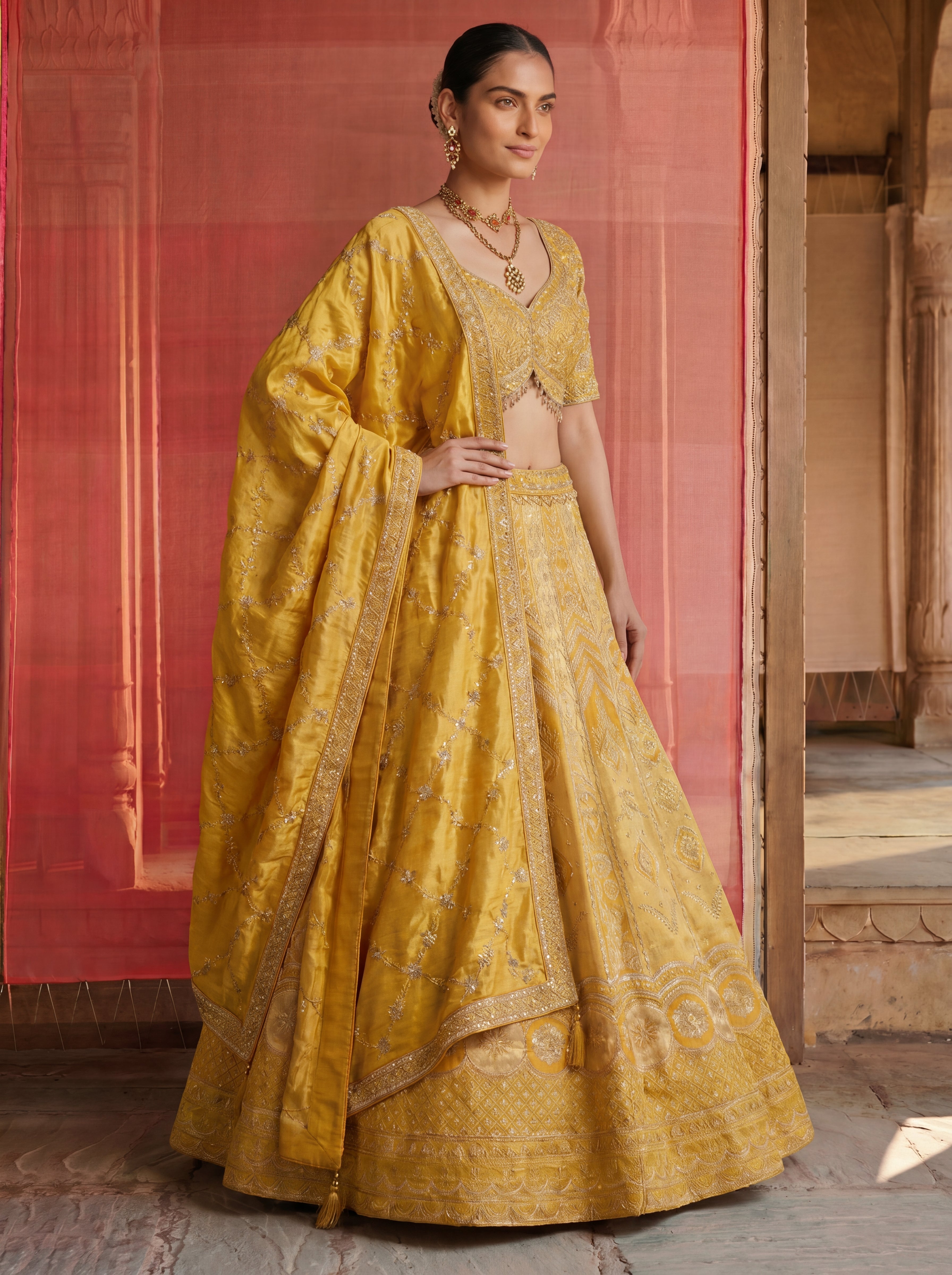 Yellow Viscose Jacquard Weaving Bridal Lehenga Choli Set