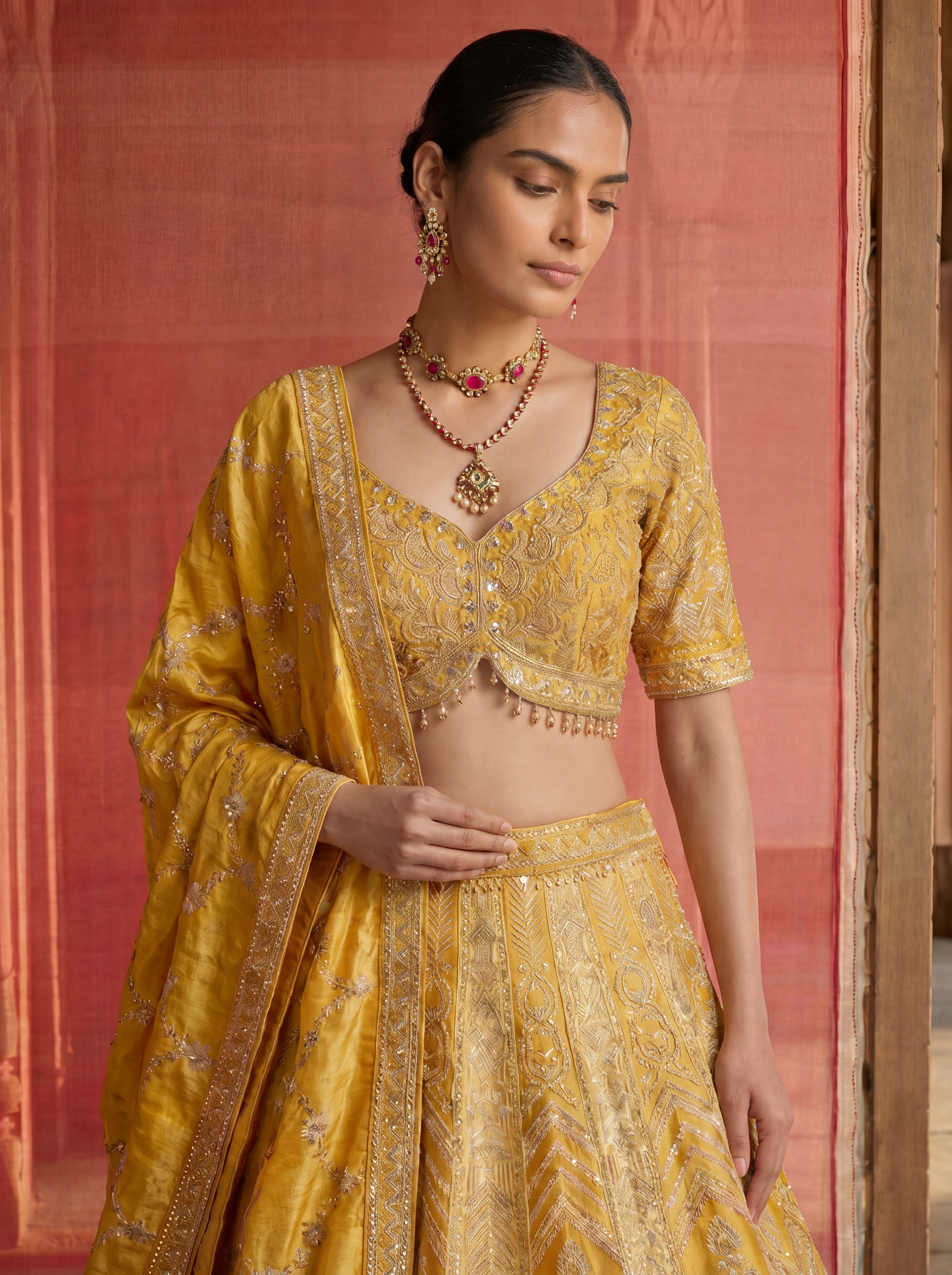 Yellow Viscose Jacquard Weaving Bridal Lehenga Choli Set