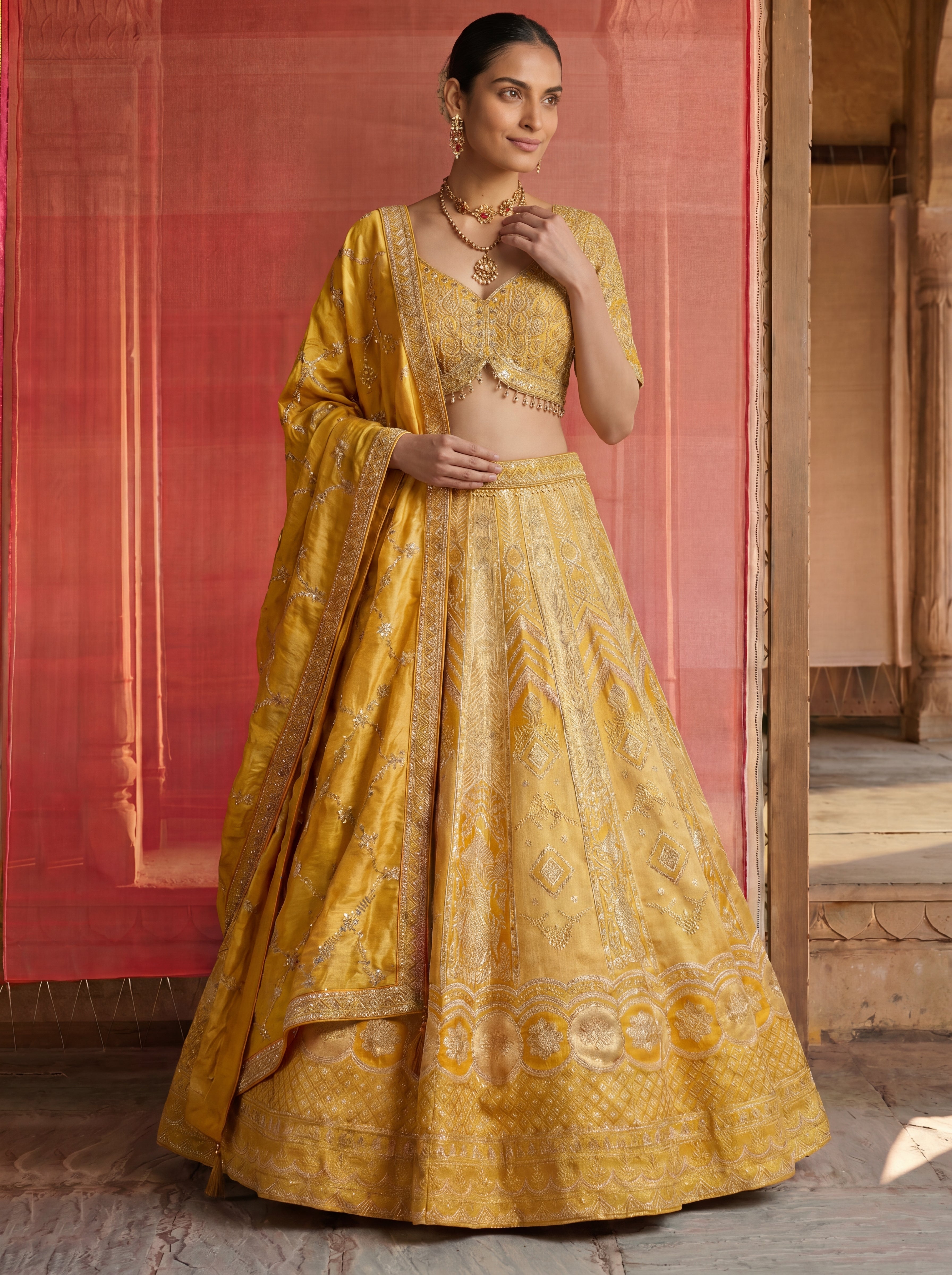 Yellow Viscose Jacquard Weaving Bridal Lehenga Choli Set