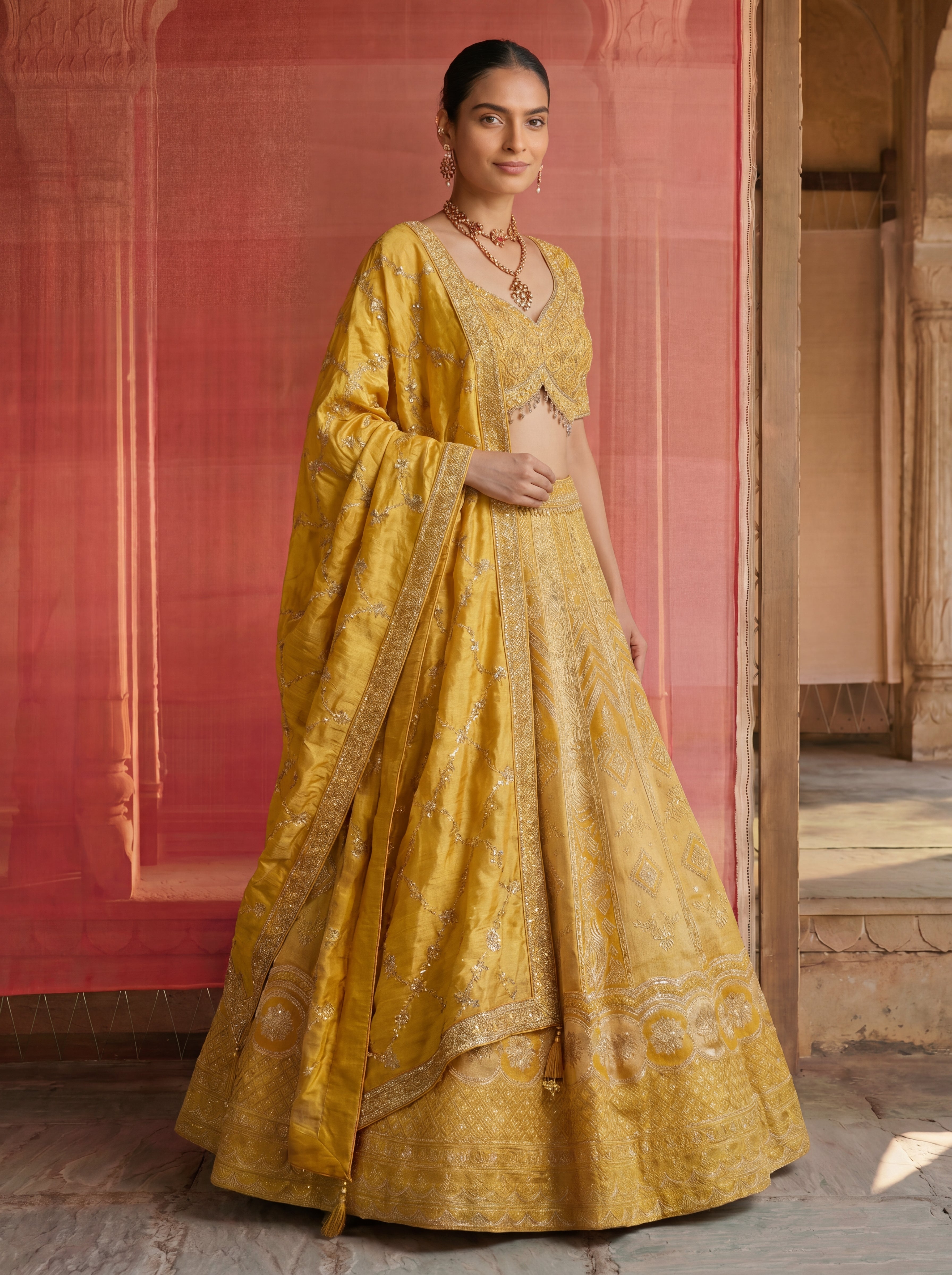 Yellow Viscose Jacquard Weaving Bridal Lehenga Choli Set