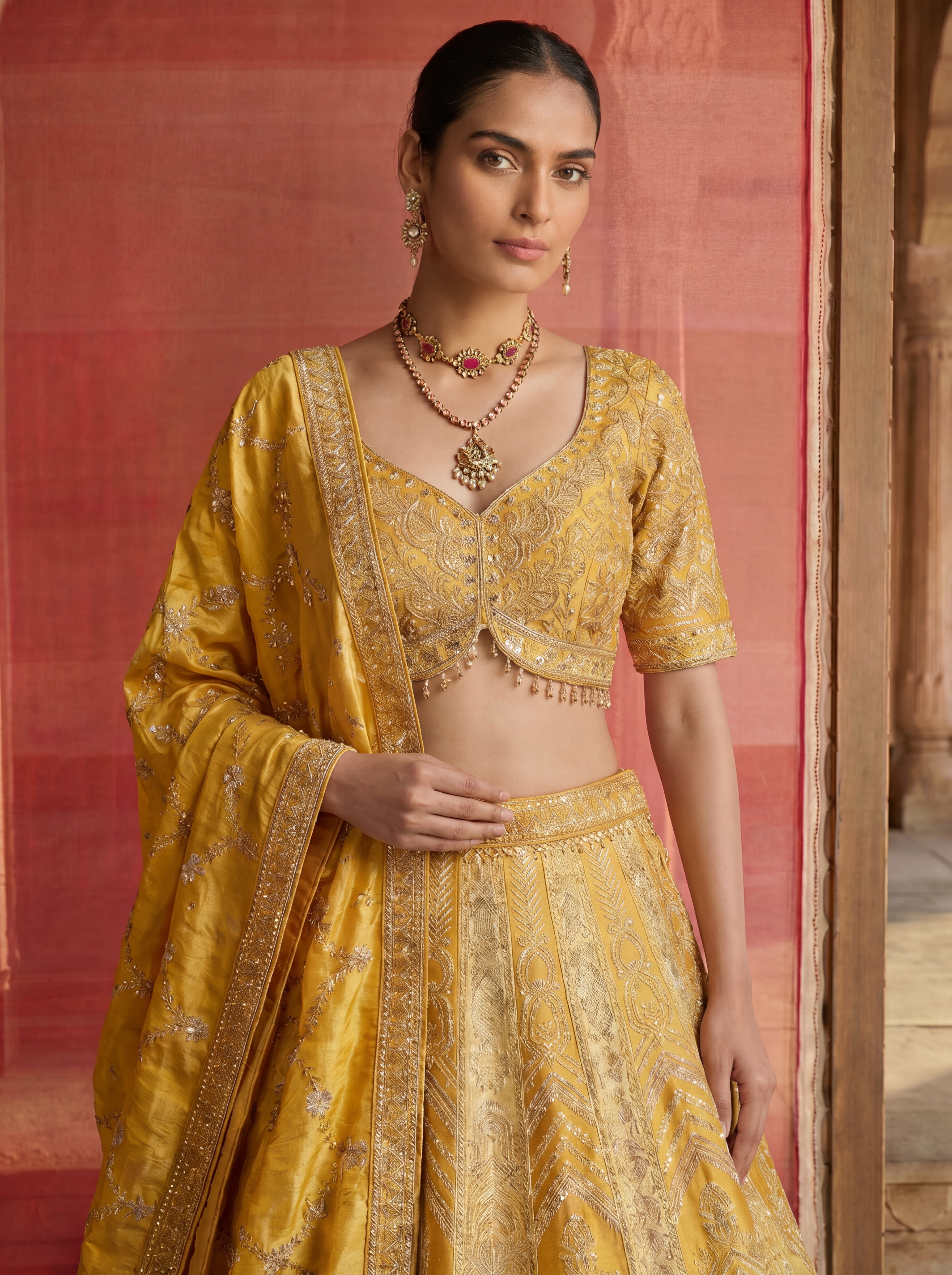 Yellow Viscose Jacquard Weaving Bridal Lehenga Choli Set