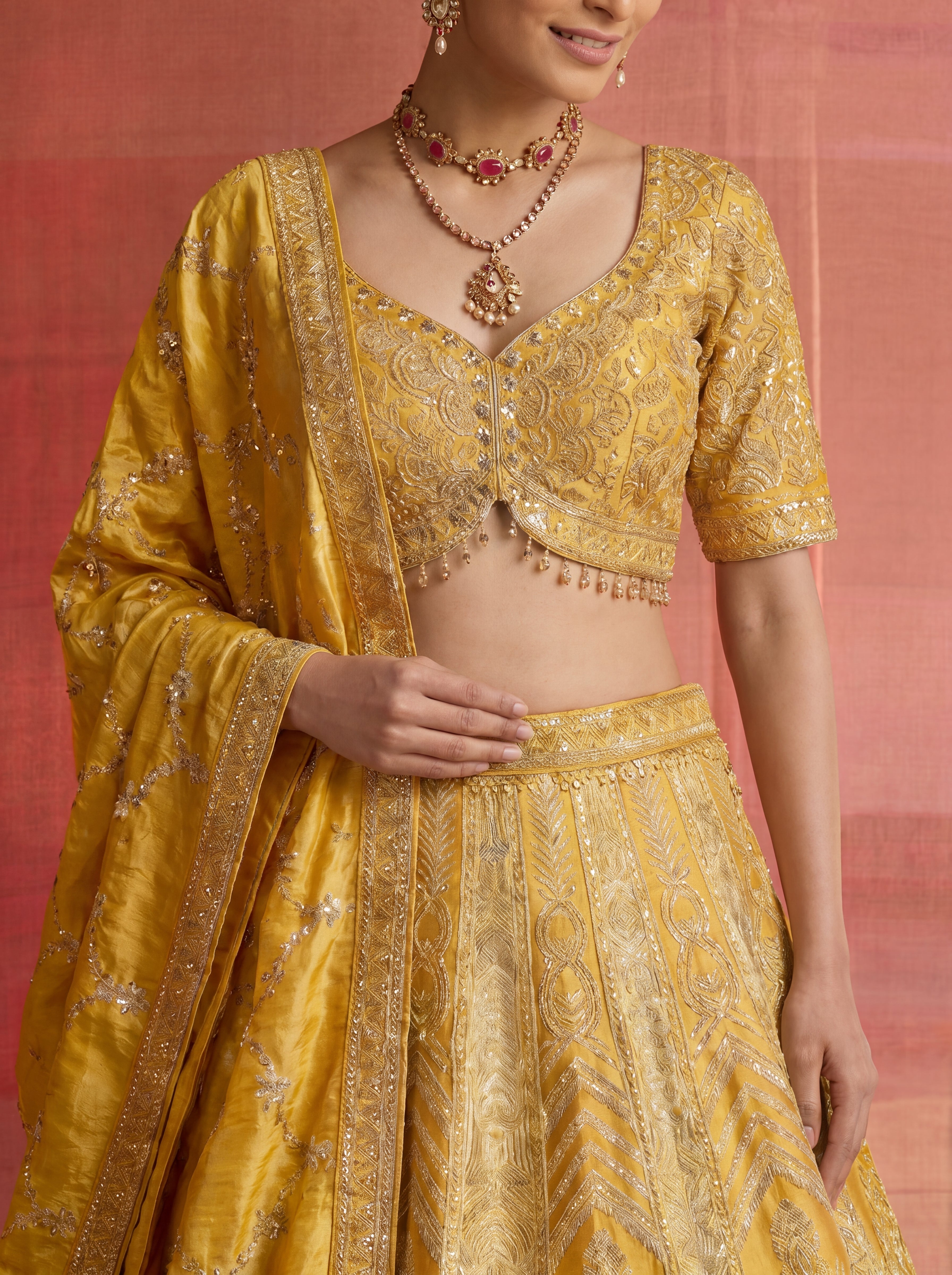 Yellow Viscose Jacquard Weaving Bridal Lehenga Choli Set