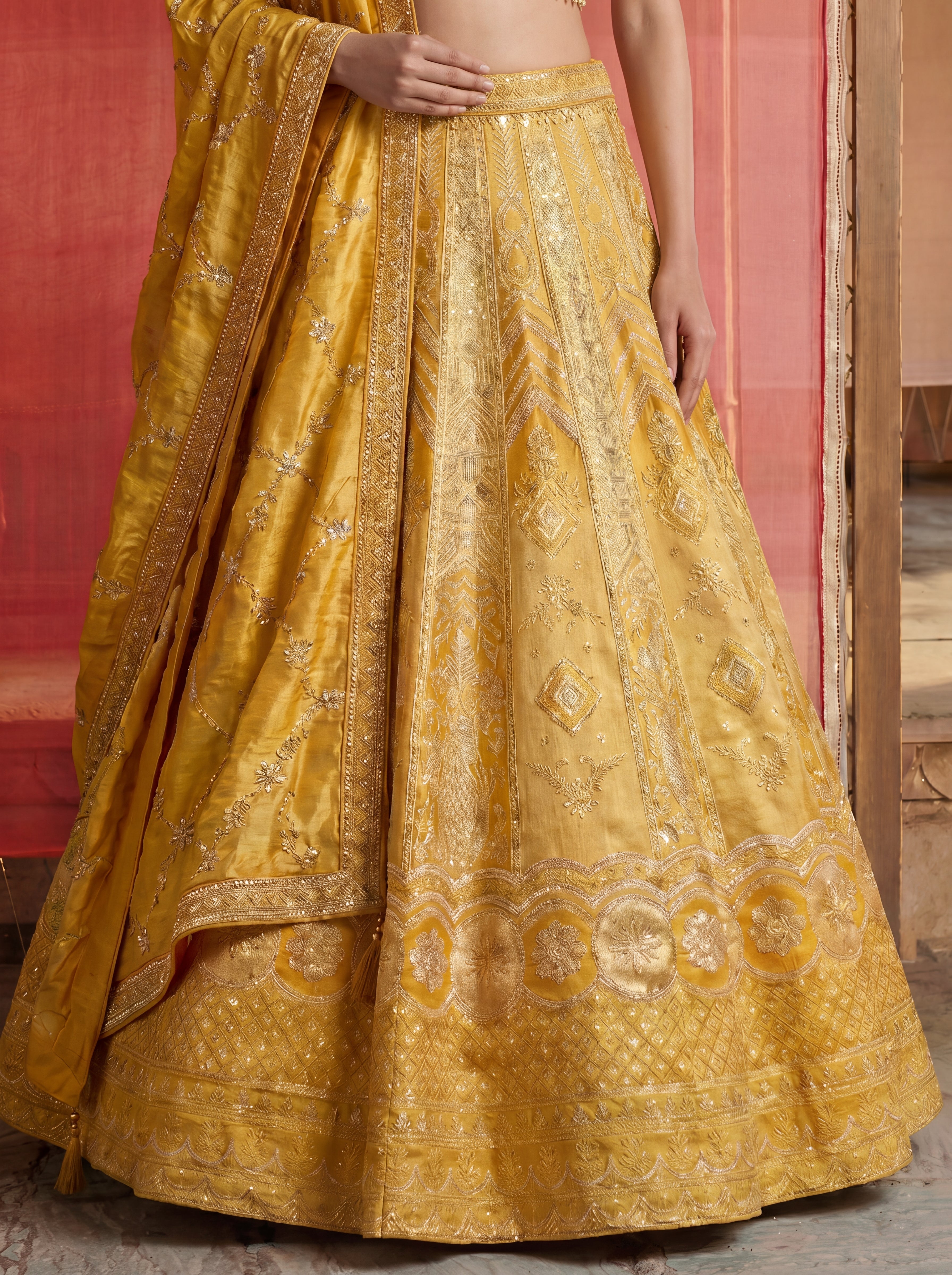 Yellow Viscose Jacquard Weaving Bridal Lehenga Choli Set