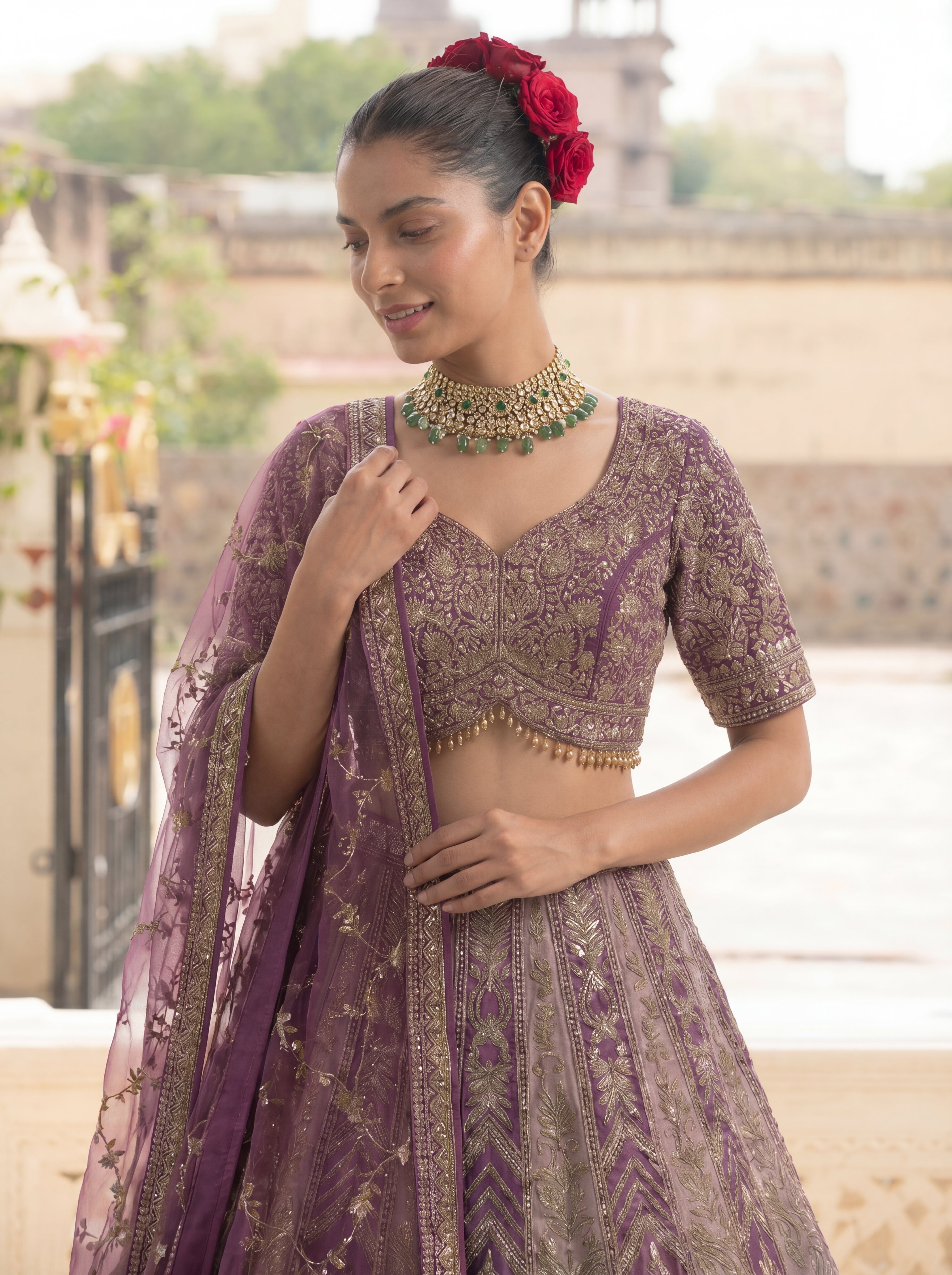 Mauve Purple Viscose Zardozi Bridal Lehenga Choli Set