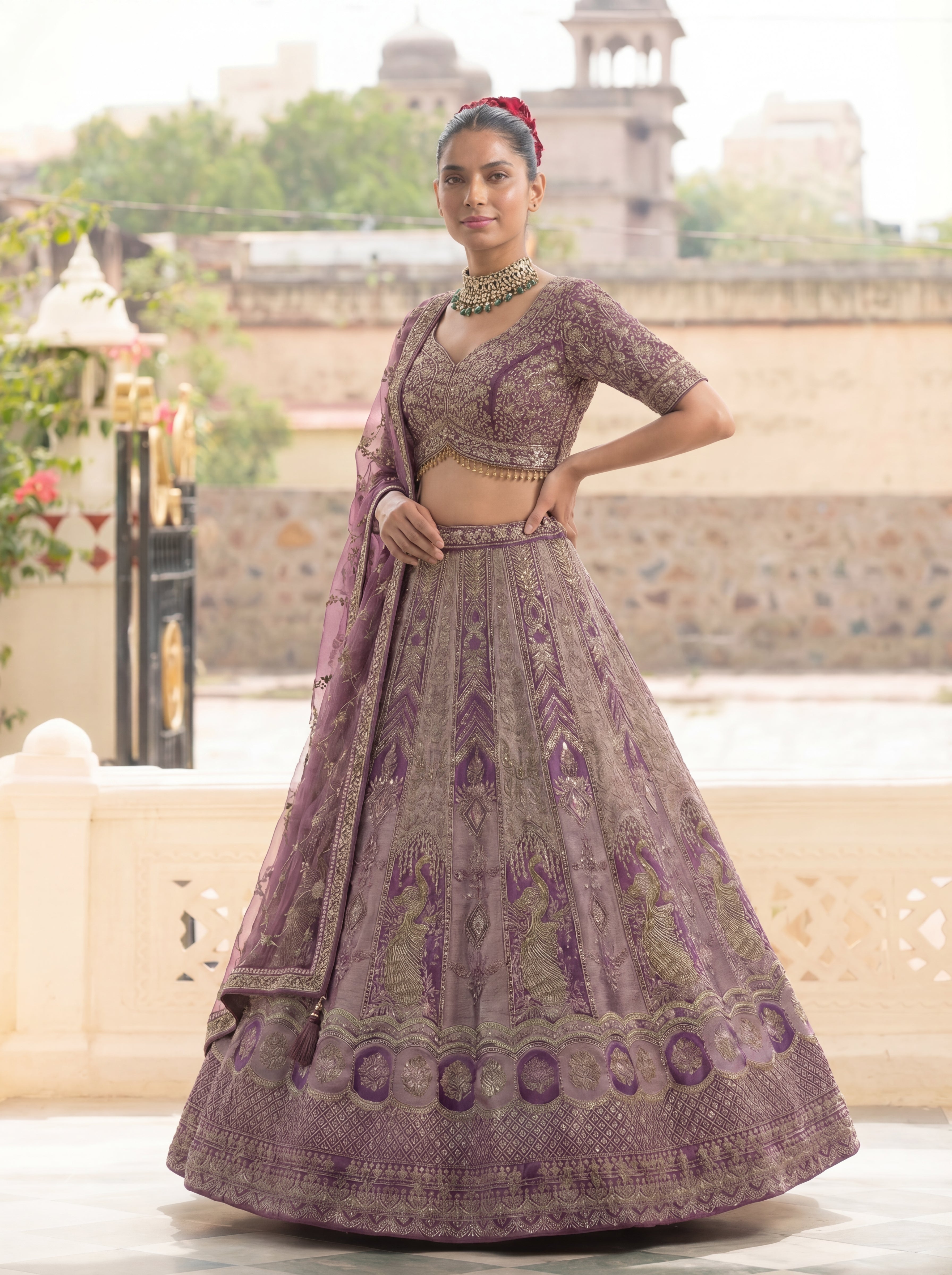 Mauve Purple Viscose Zardozi Bridal Lehenga Choli Set