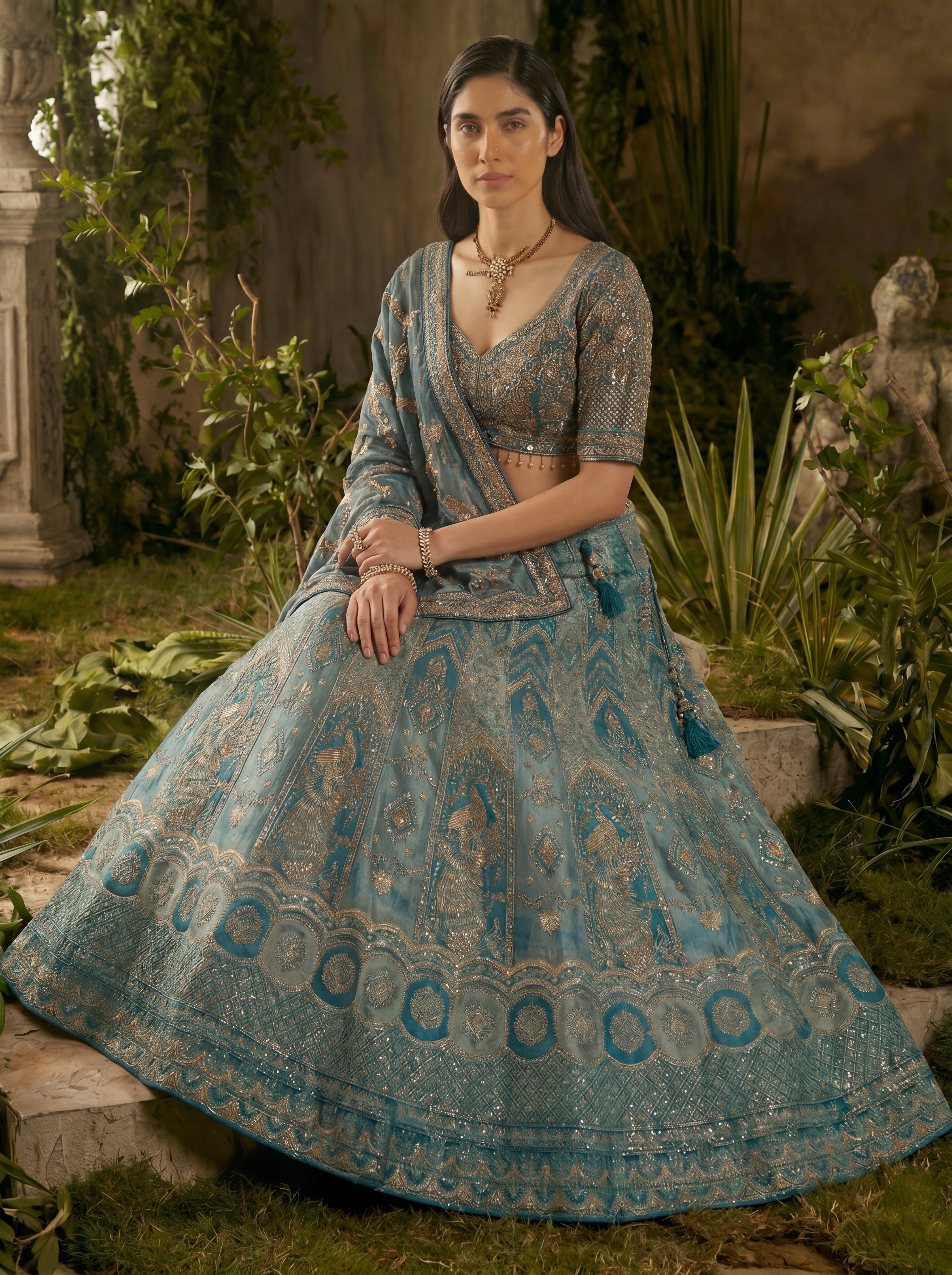 Teal Blue Viscose Jacquard Weaving Bridal Lehenga Choli Set