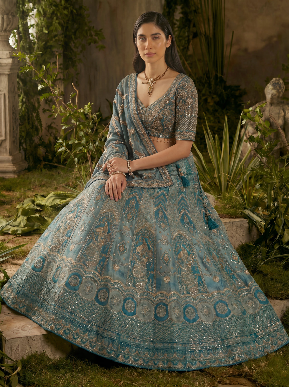 Teal Blue Viscose Jacquard Weaving Bridal Lehenga Choli Set