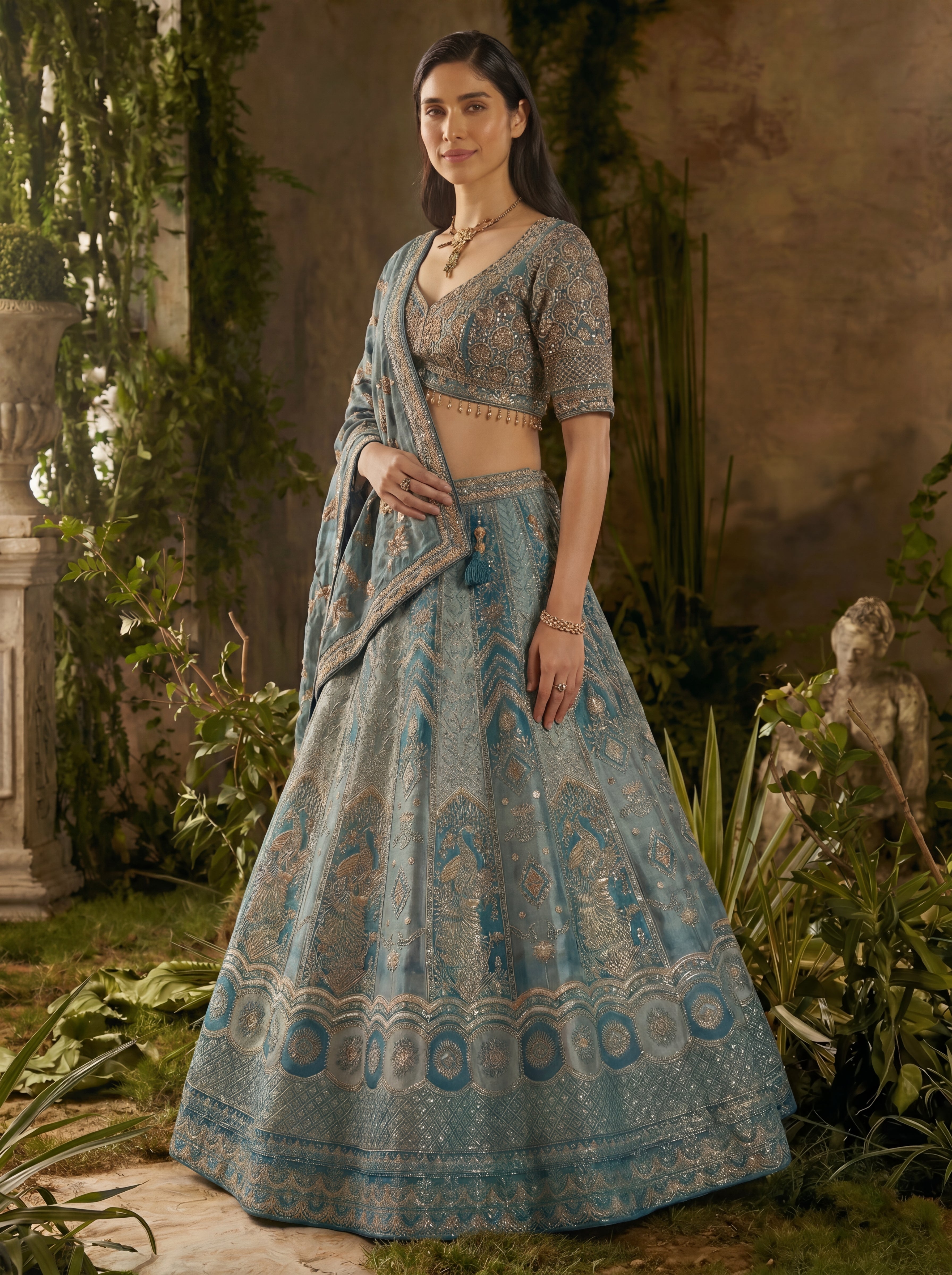 Teal Blue Viscose Jacquard Weaving Bridal Lehenga Choli Set