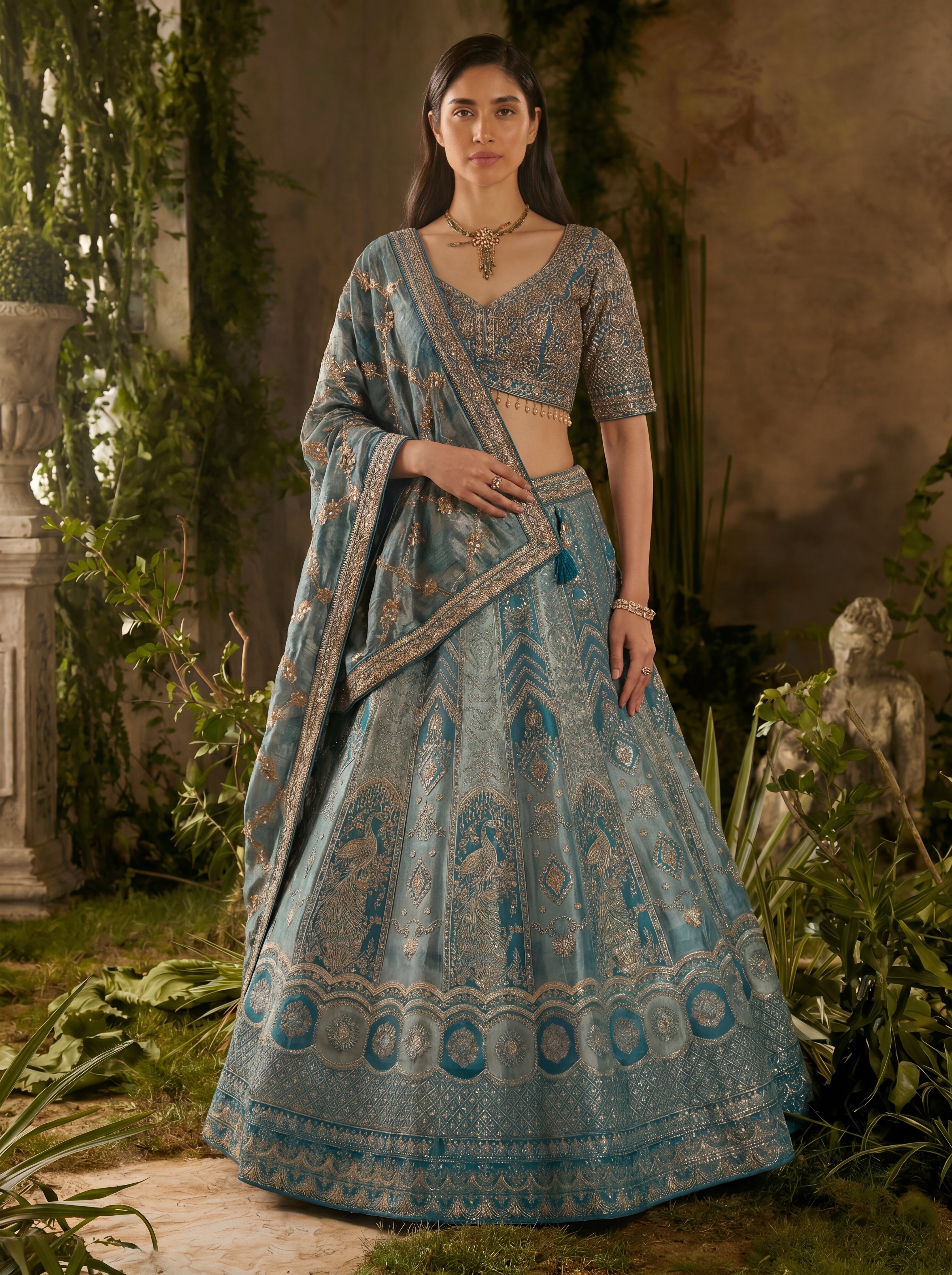 Teal Blue Viscose Jacquard Weaving Bridal Lehenga Choli Set
