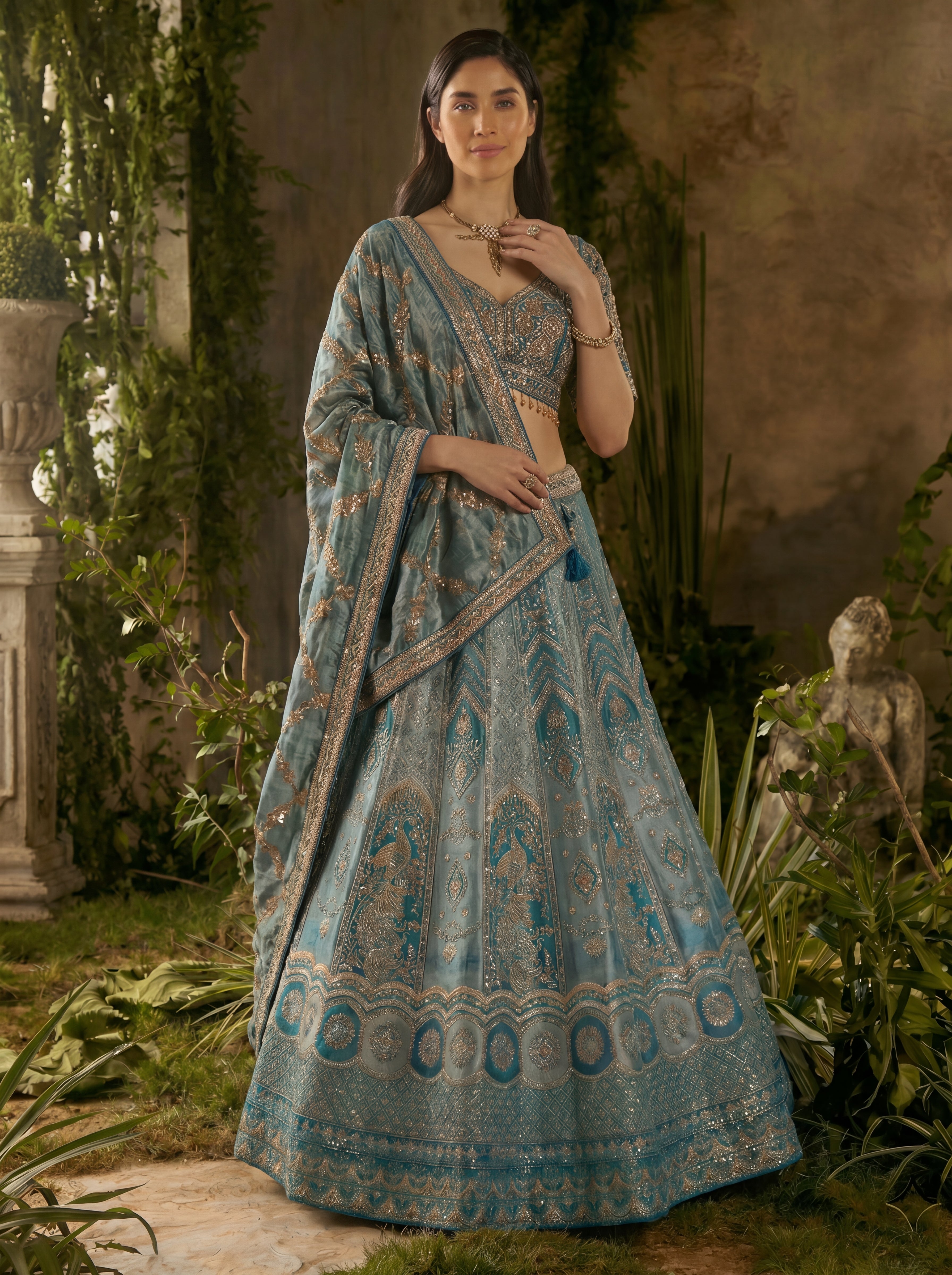 Teal Blue Viscose Jacquard Weaving Bridal Lehenga Choli Set