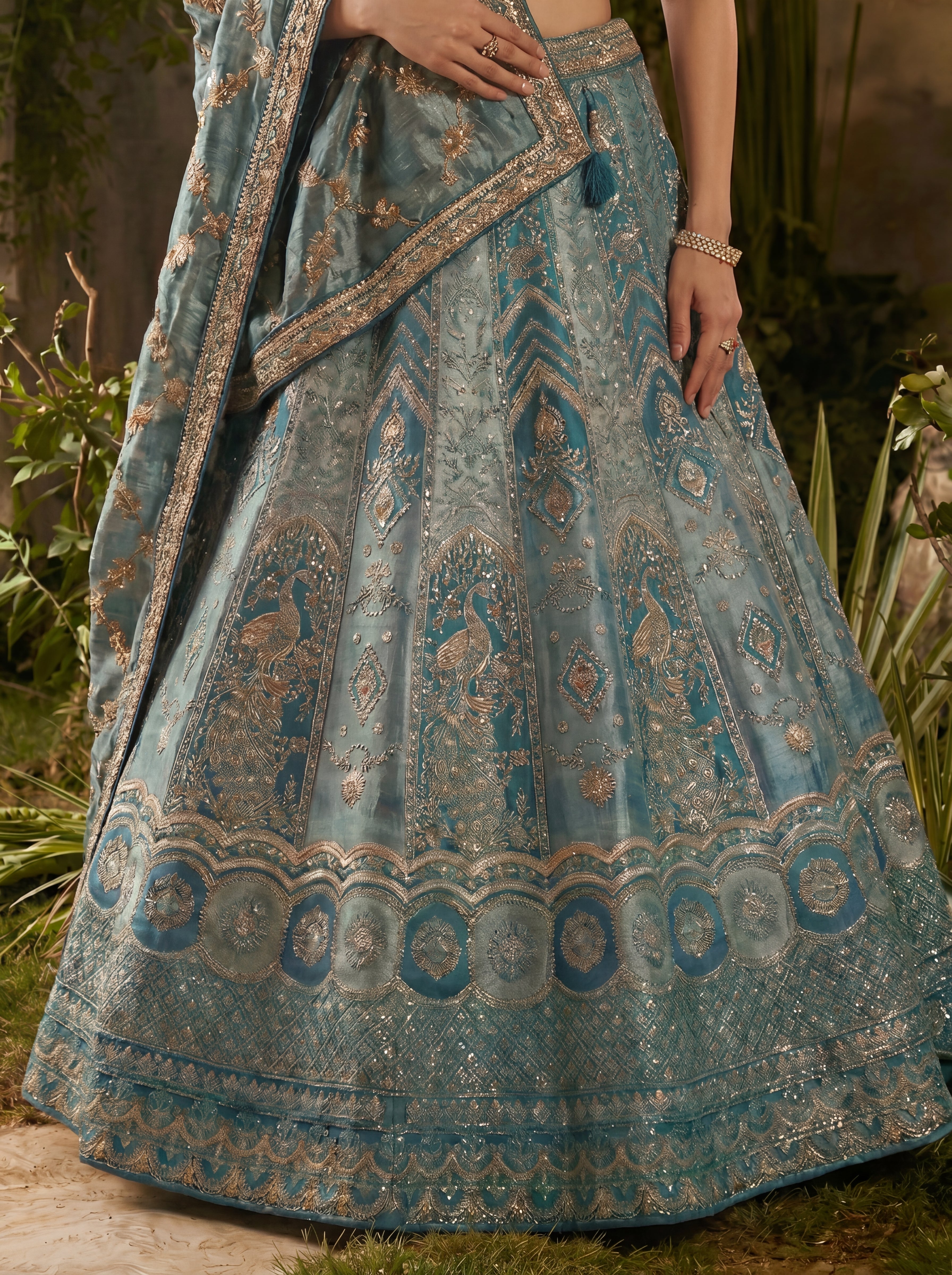 Teal Blue Viscose Jacquard Weaving Bridal Lehenga Choli Set