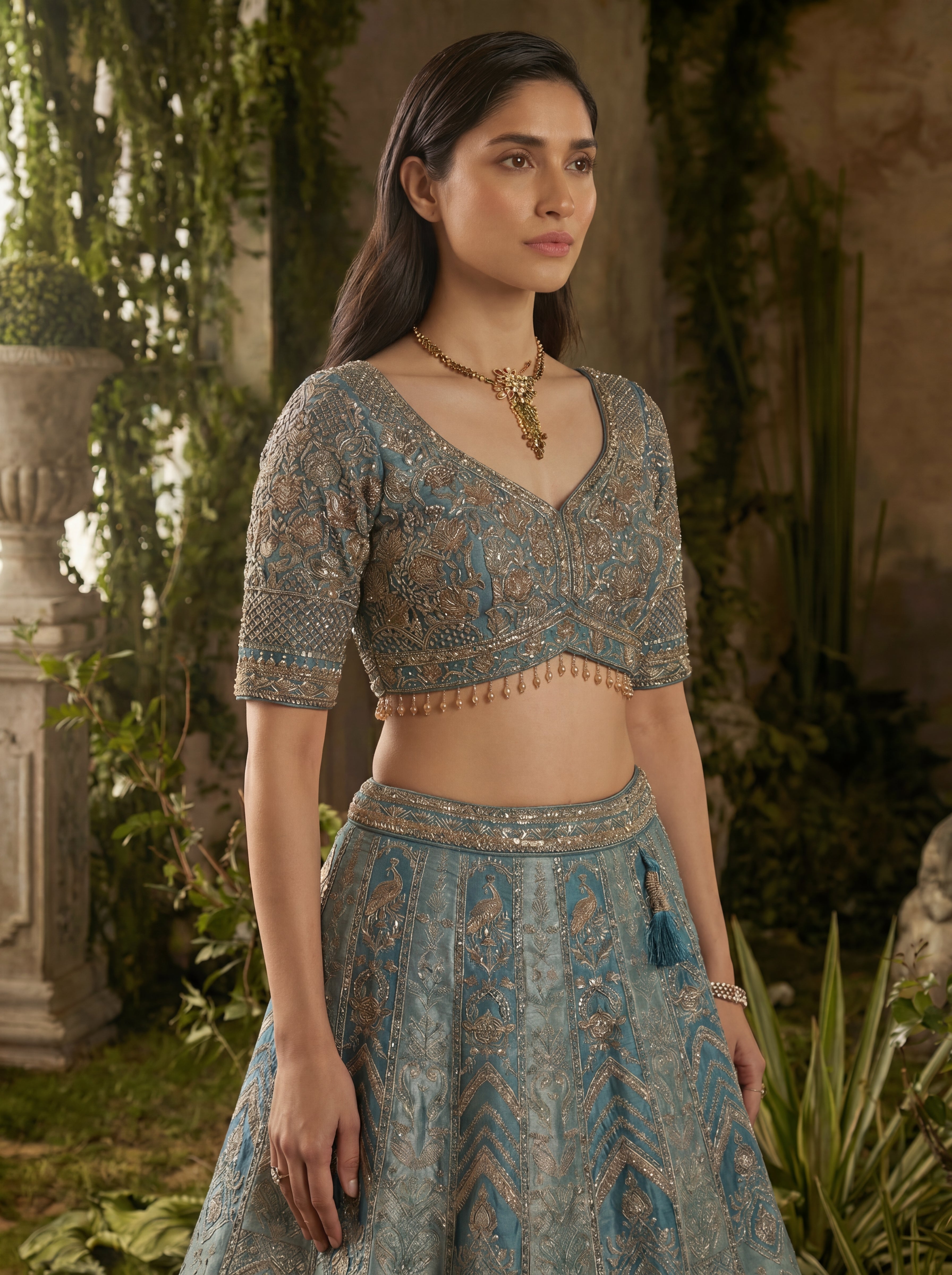 Teal Blue Viscose Jacquard Weaving Bridal Lehenga Choli Set