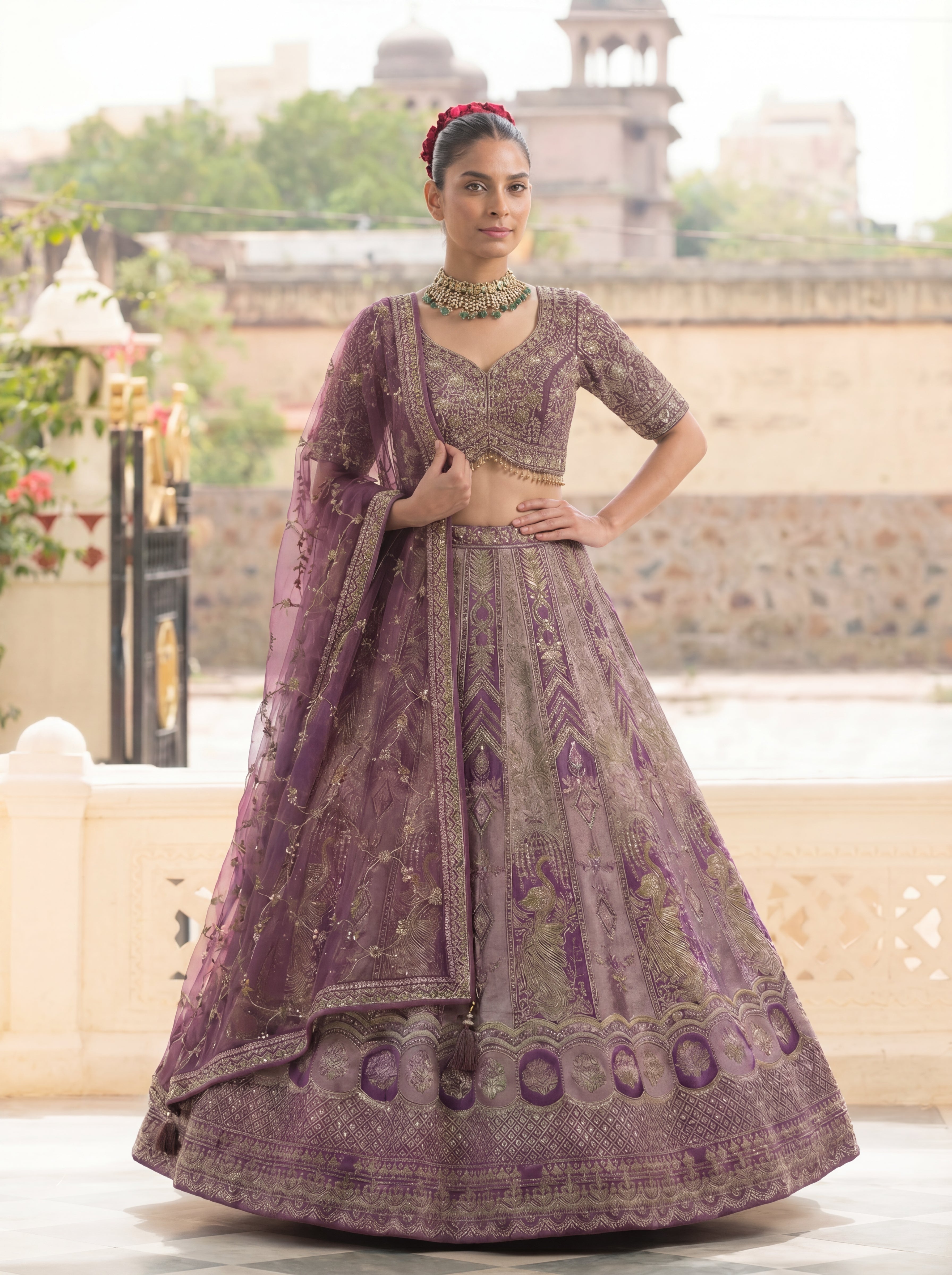 Mauve Purple Viscose Zardozi Bridal Lehenga Choli Set