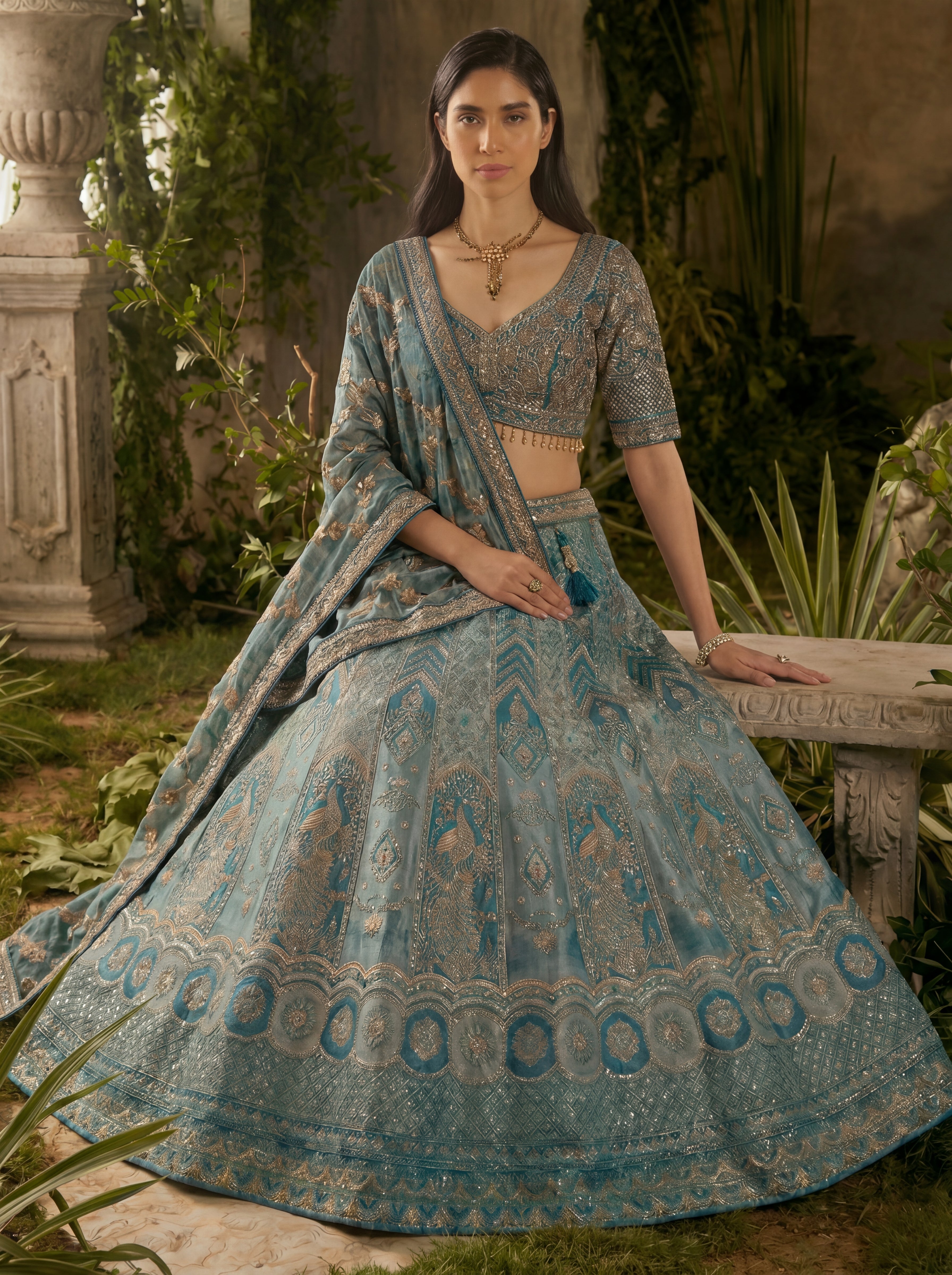 Teal Blue Viscose Jacquard Weaving Bridal Lehenga Choli Set