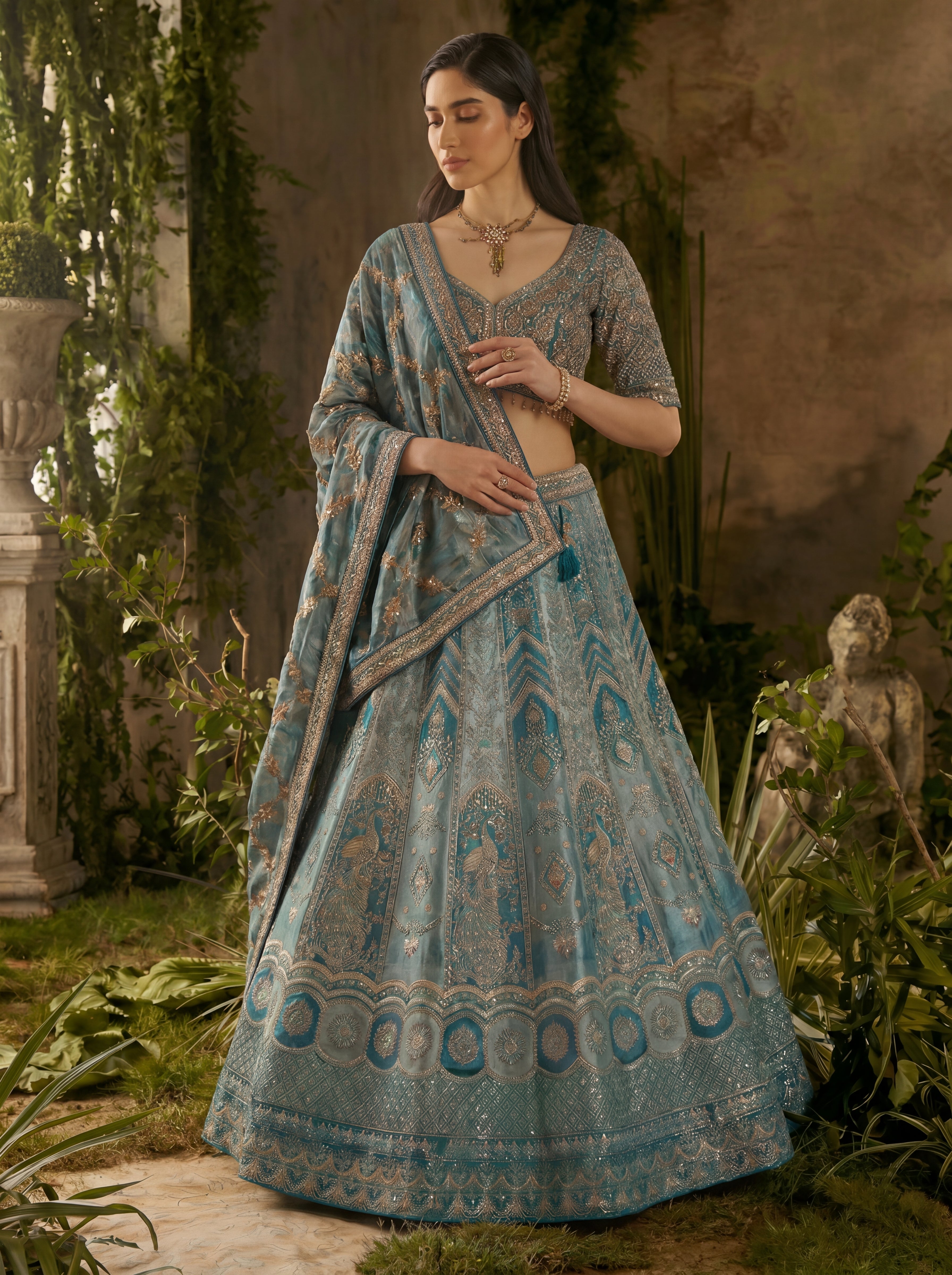 Teal Blue Viscose Jacquard Weaving Bridal Lehenga Choli Set
