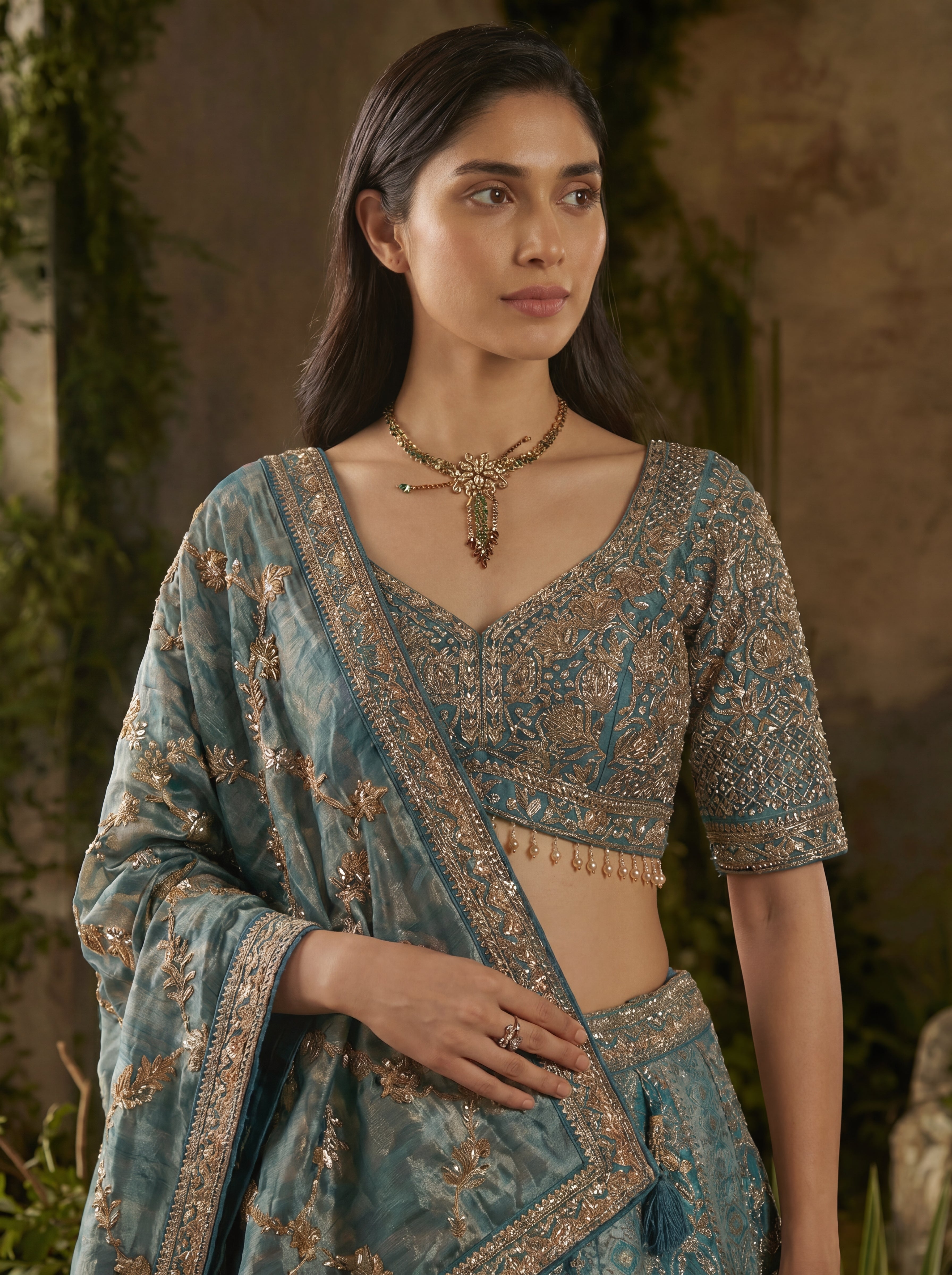 Teal Blue Viscose Jacquard Weaving Bridal Lehenga Choli Set