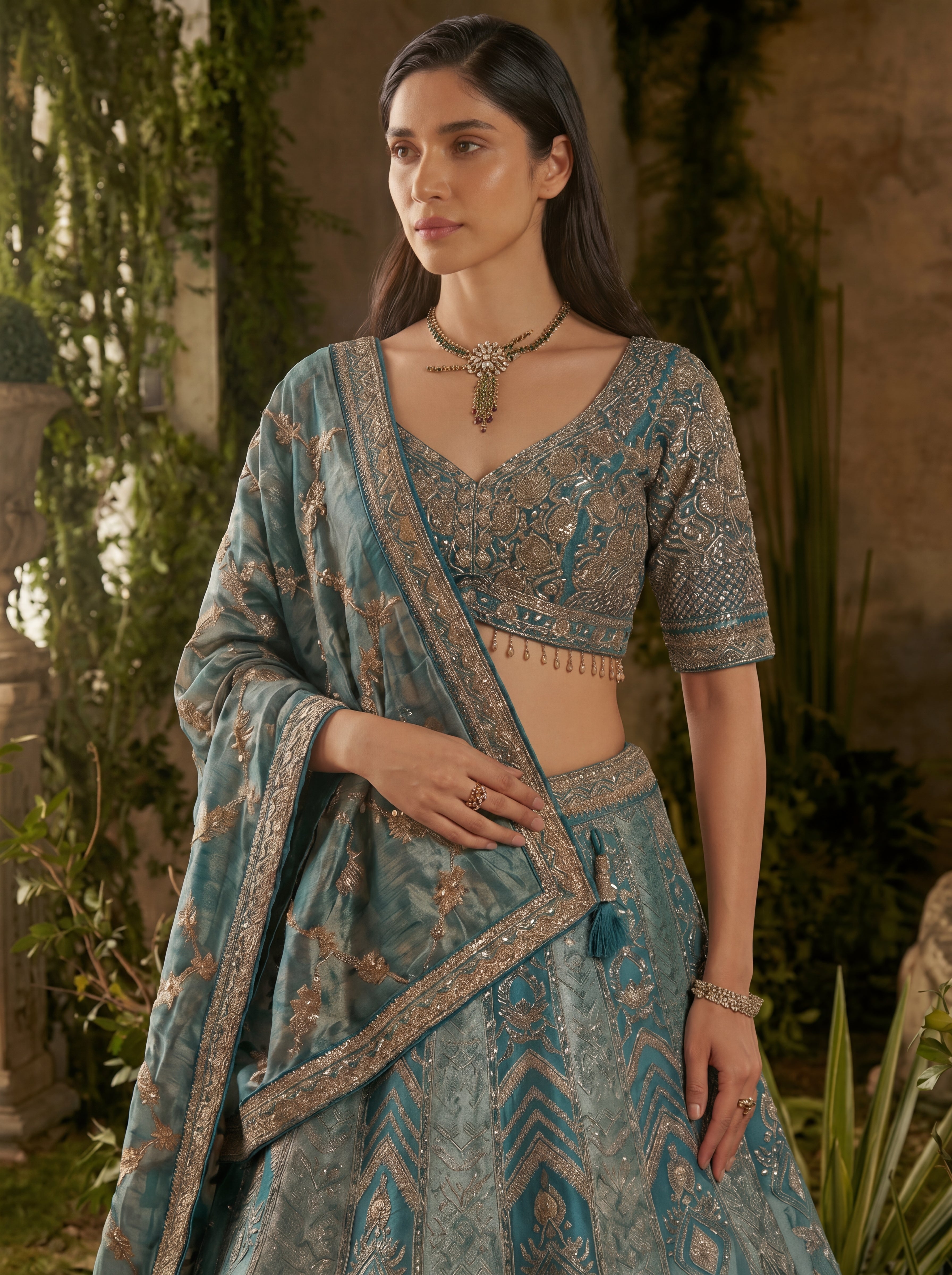 Teal Blue Viscose Jacquard Weaving Bridal Lehenga Choli Set
