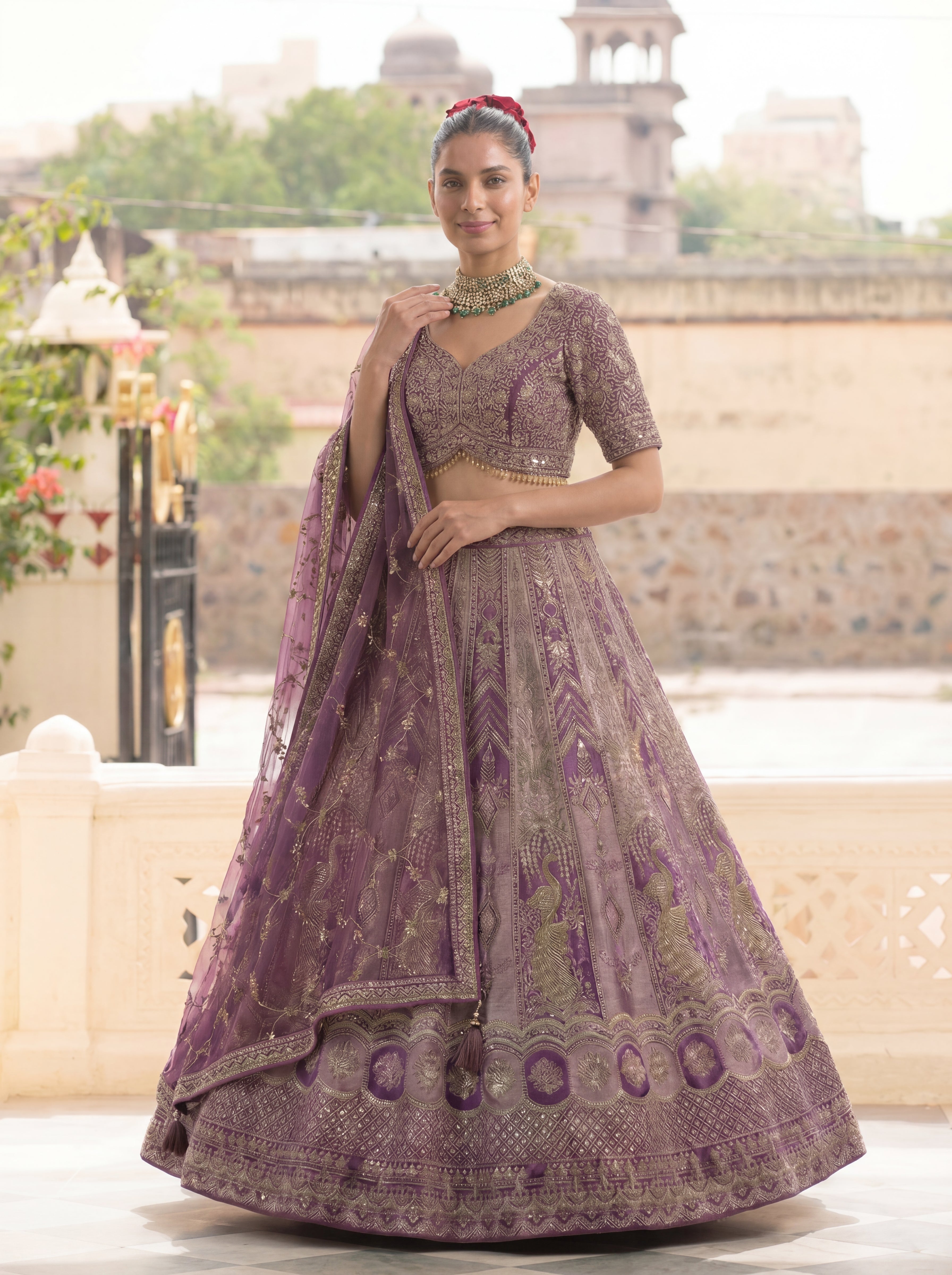 Mauve Purple Viscose Zardozi Bridal Lehenga Choli Set