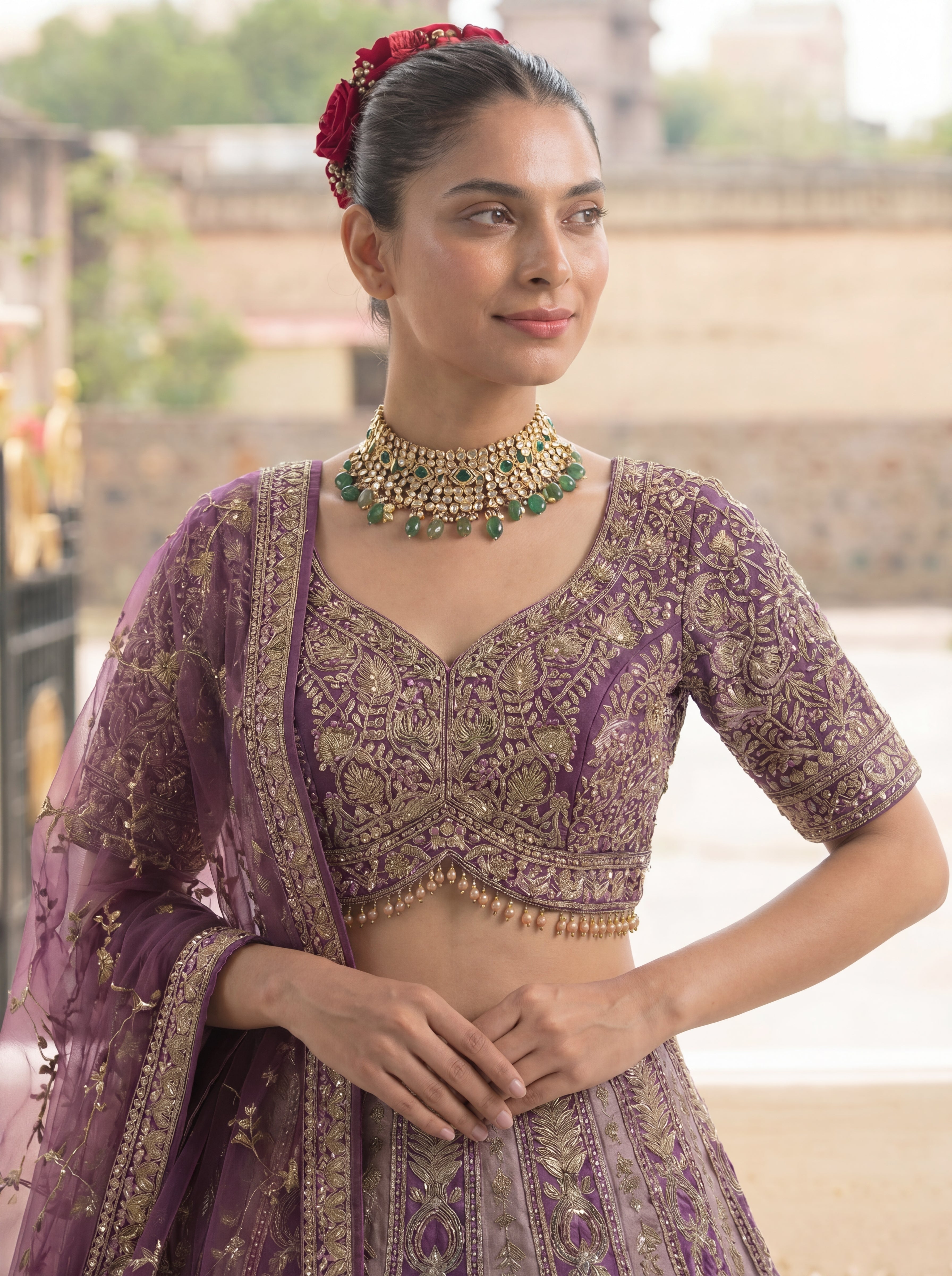Mauve Purple Viscose Zardozi Bridal Lehenga Choli Set